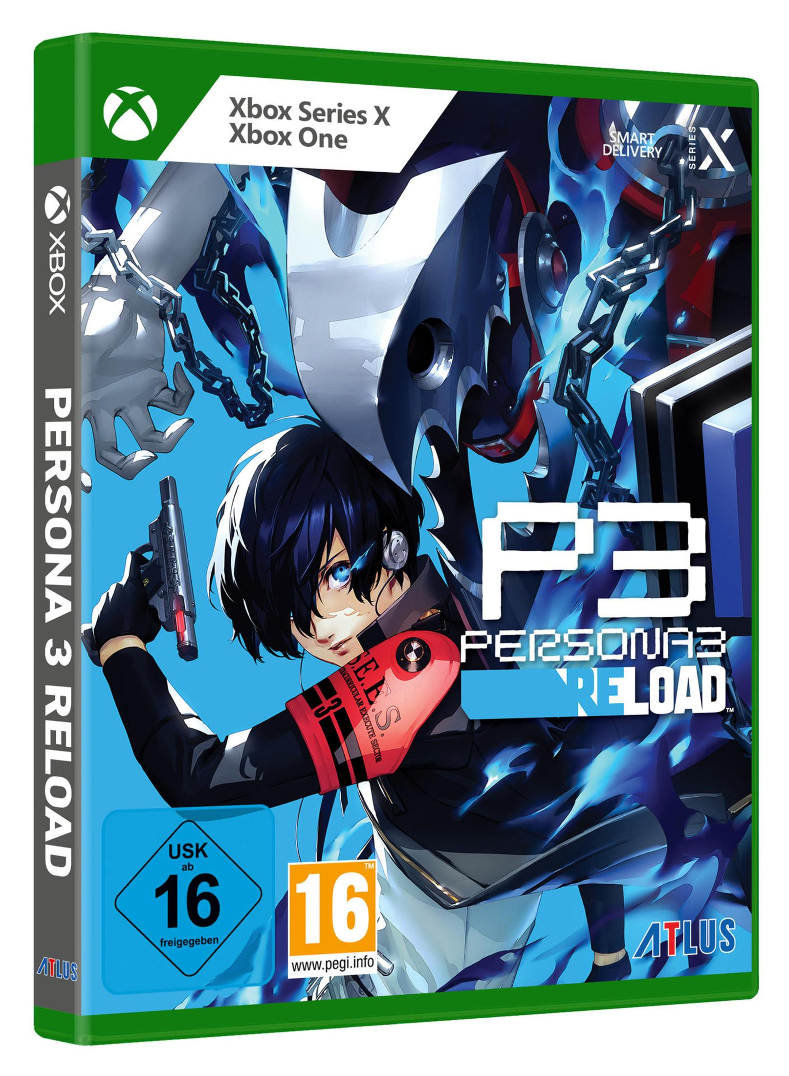 Xbox-Spielhülle für 'Persona 3 Reload', Figur mit Waffe. Grünes Case mit weißem Text und Logo.