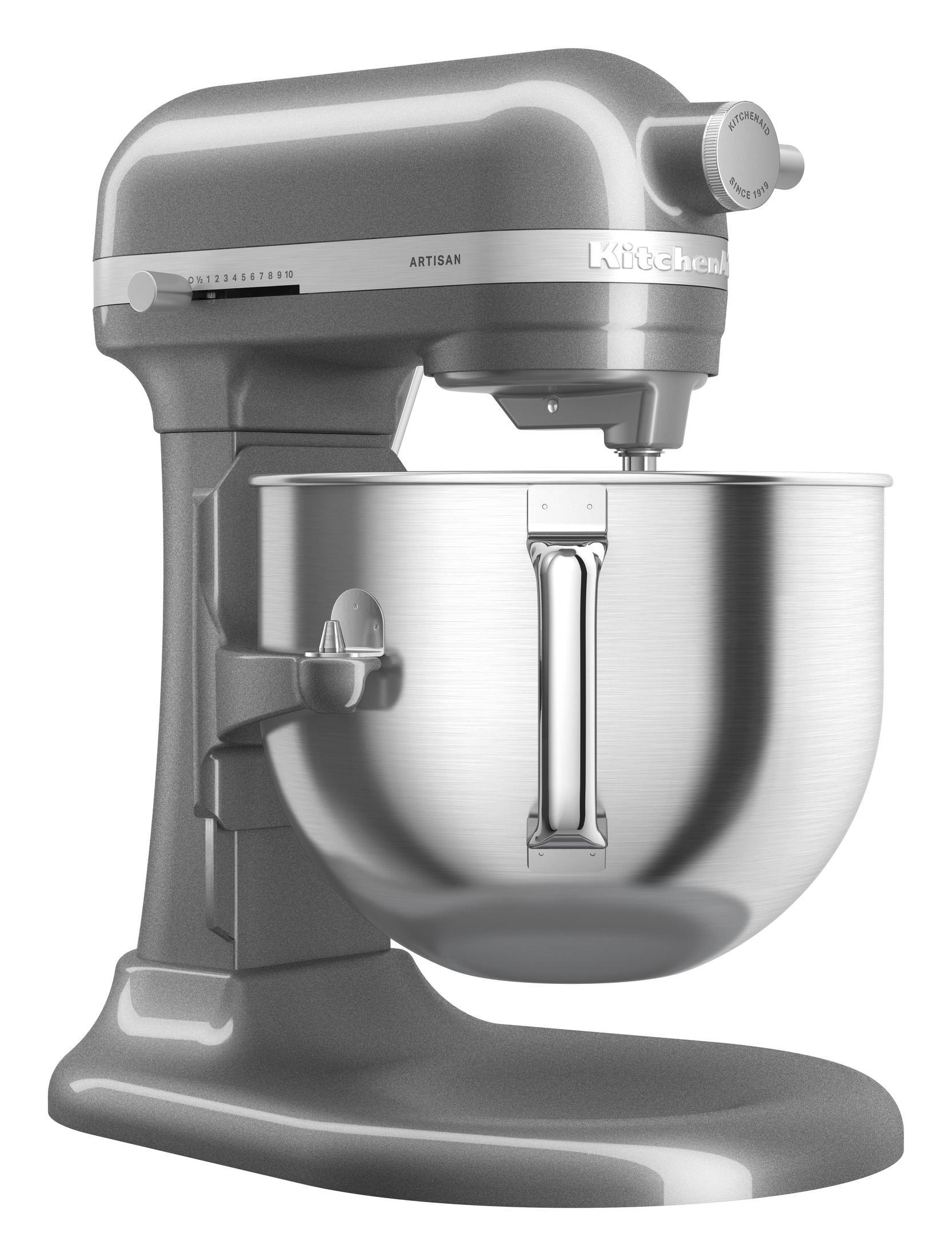 Gri KitchenAid mikser, yan görünüm. Bir kabı, KitchenAid logosu ve bir tutacağı var.