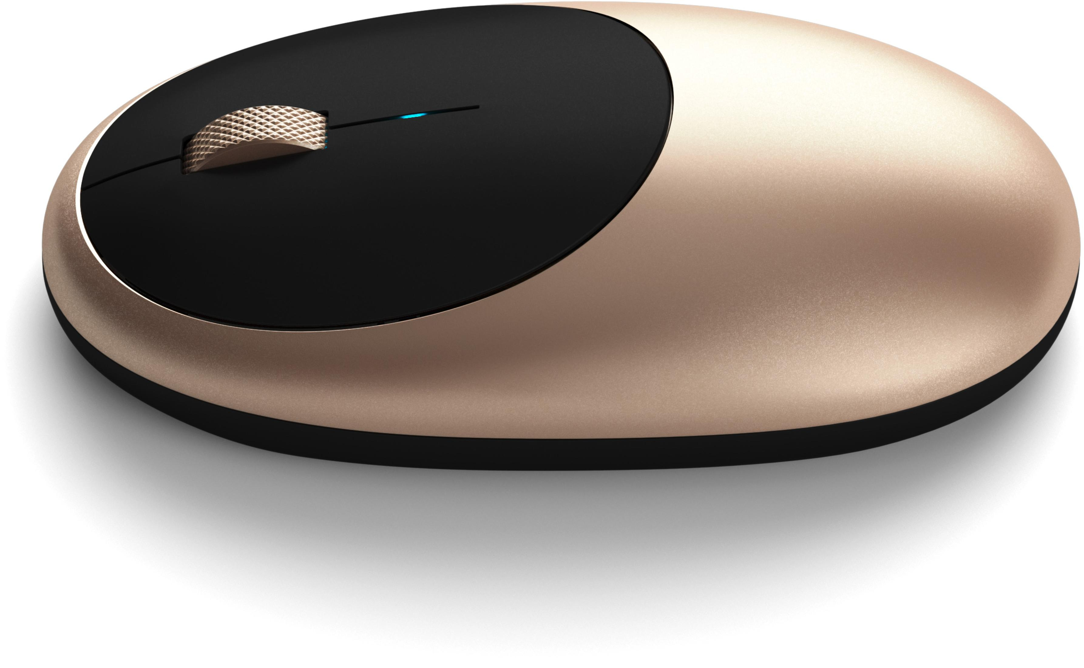 Eine gold-schwarze Computermaus. Sie hat eine schwarze Oberfläche und eine goldfarbene Basis.