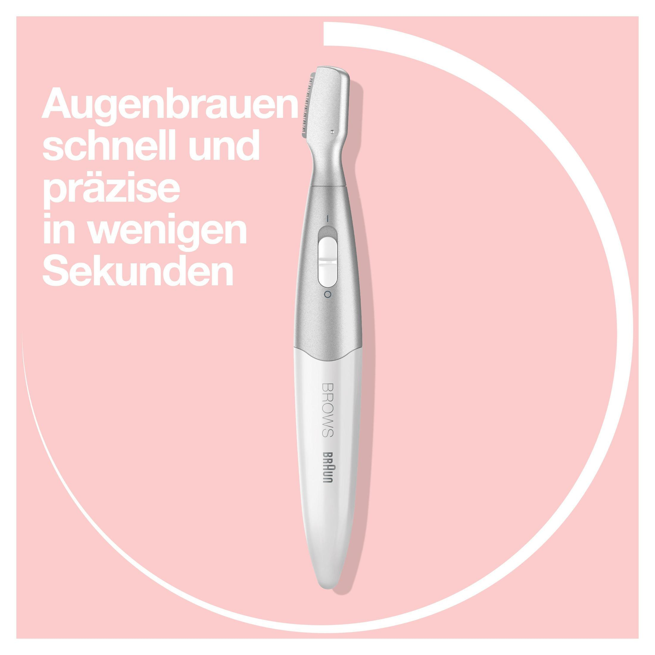 Augenbrauentrimmer auf rosa Hintergrund, mit Text auf Deutsch.