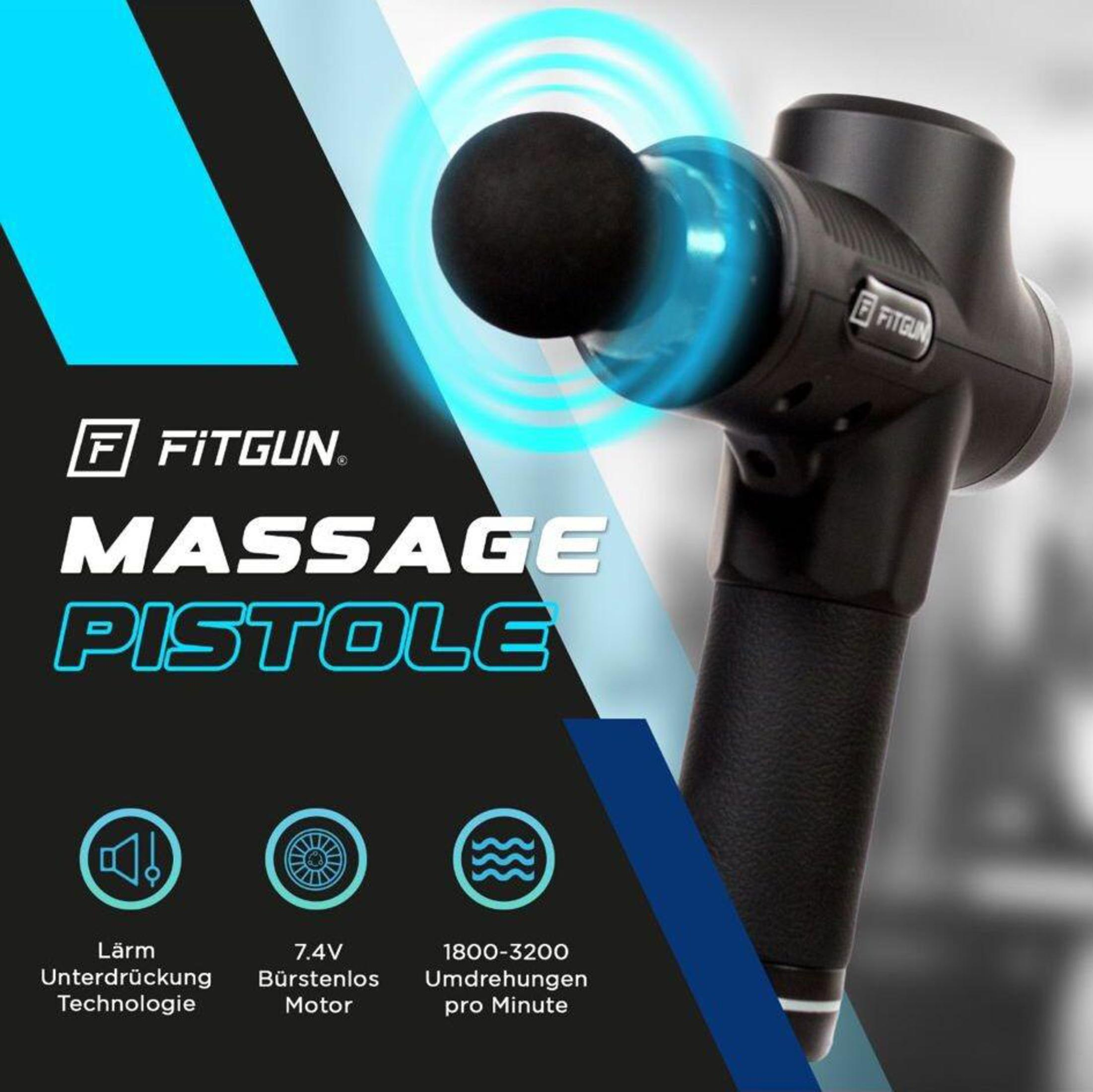 Pistola massaggiante nera con effetto luce blu. Testo: Massage Pistole. Icone di rumore, motore e velocità.