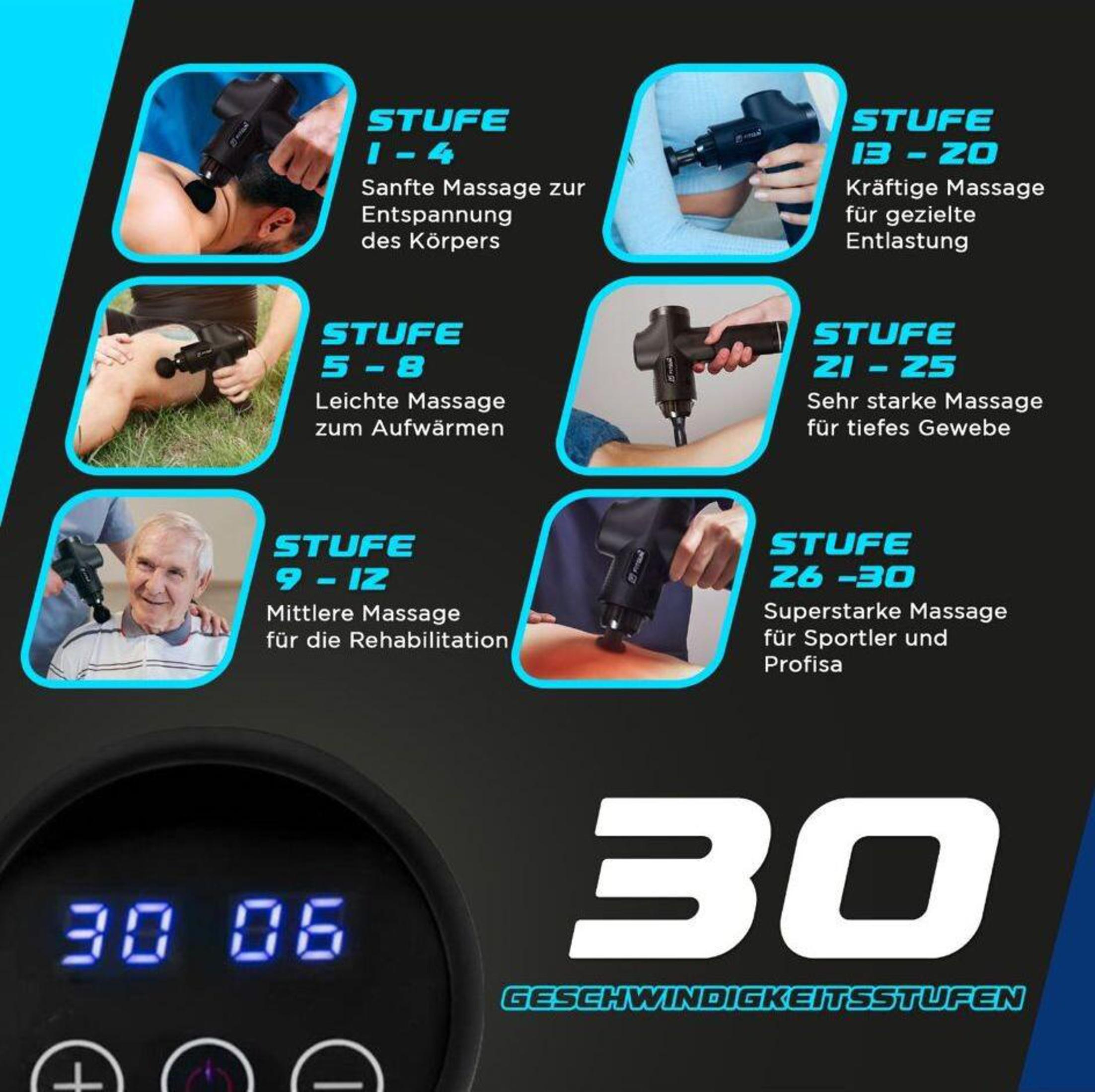 Immagine di una pistola per massaggi con impostazioni multiple per diverse esigenze.