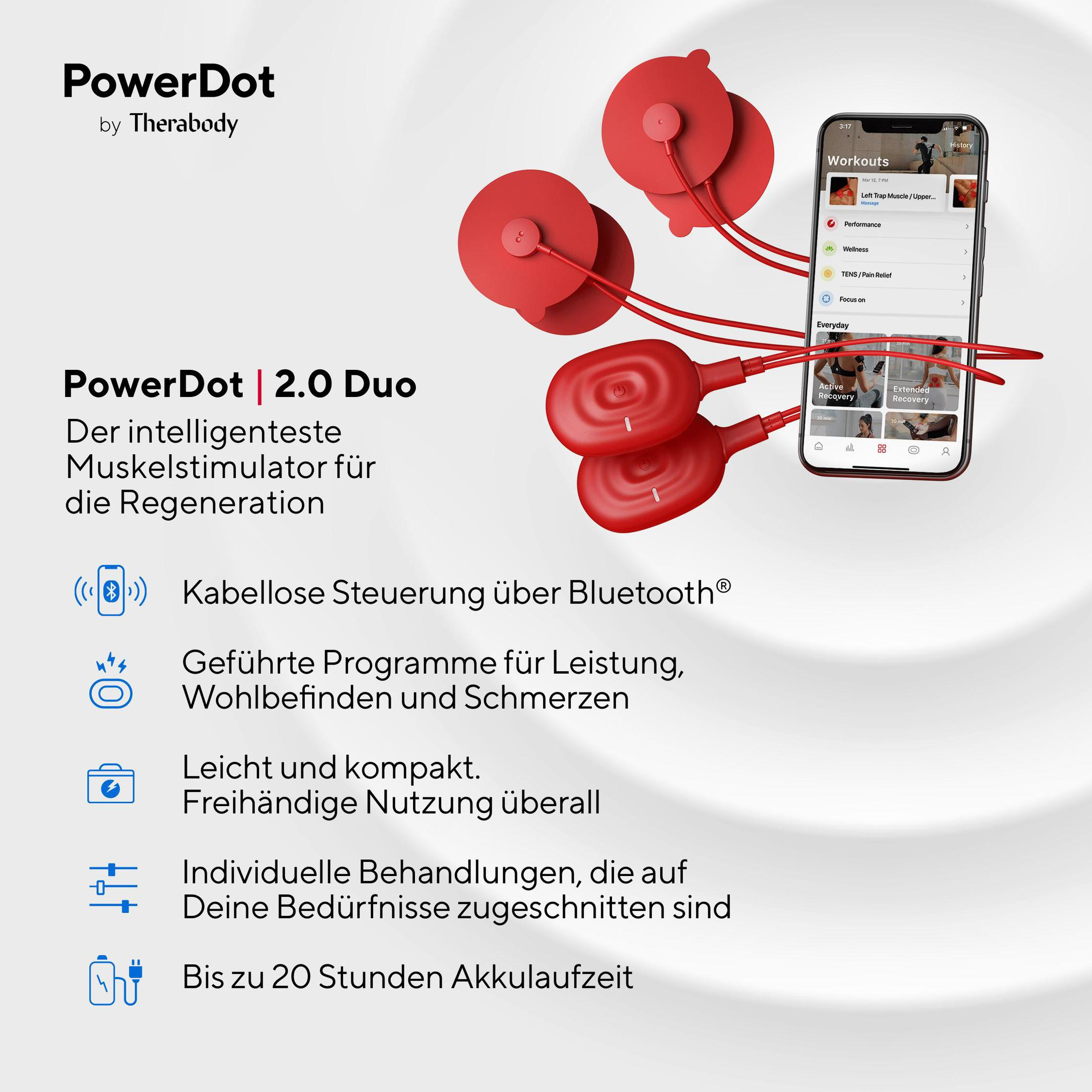 Anuncio de PowerDot 2.0 Duo, mostrando estimuladores musculares rojos y un teléfono con opciones de entrenamiento.