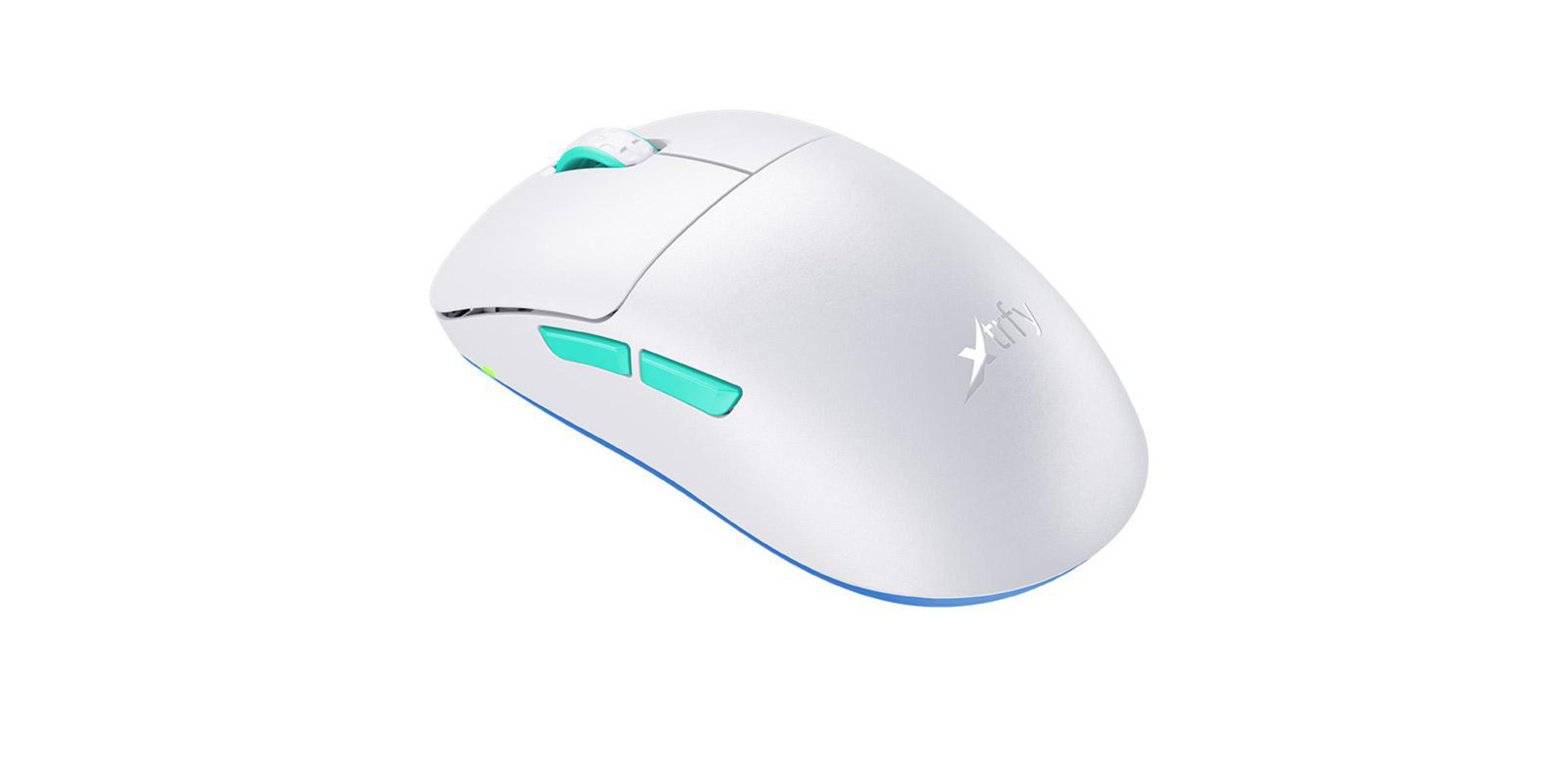 Een witte computermuis met teal accenten op knoppen en de zijkant.