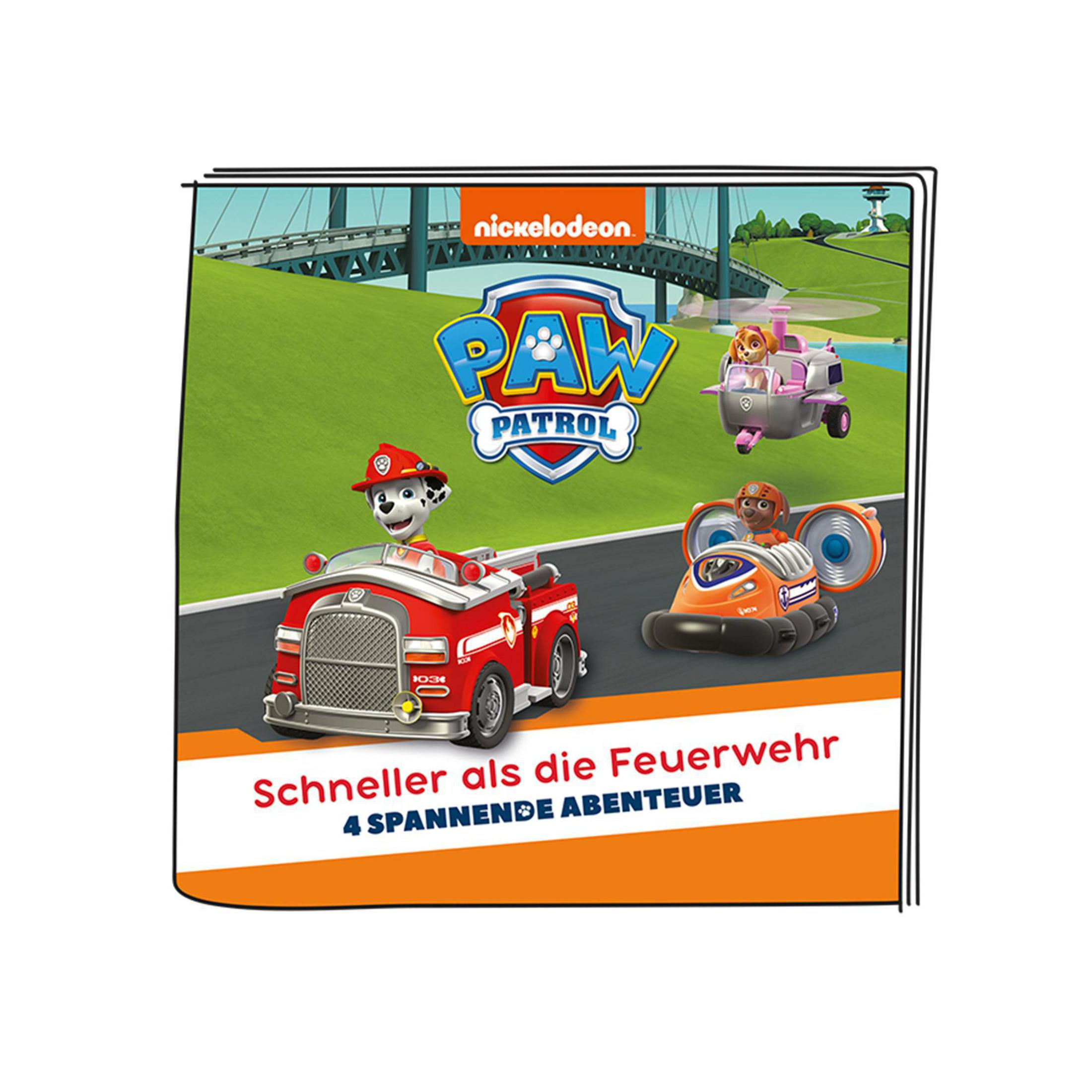 PAW Patrol Buchcover. Zeigt Zeichentrickfahrzeuge und Charaktere in sonniger Umgebung.