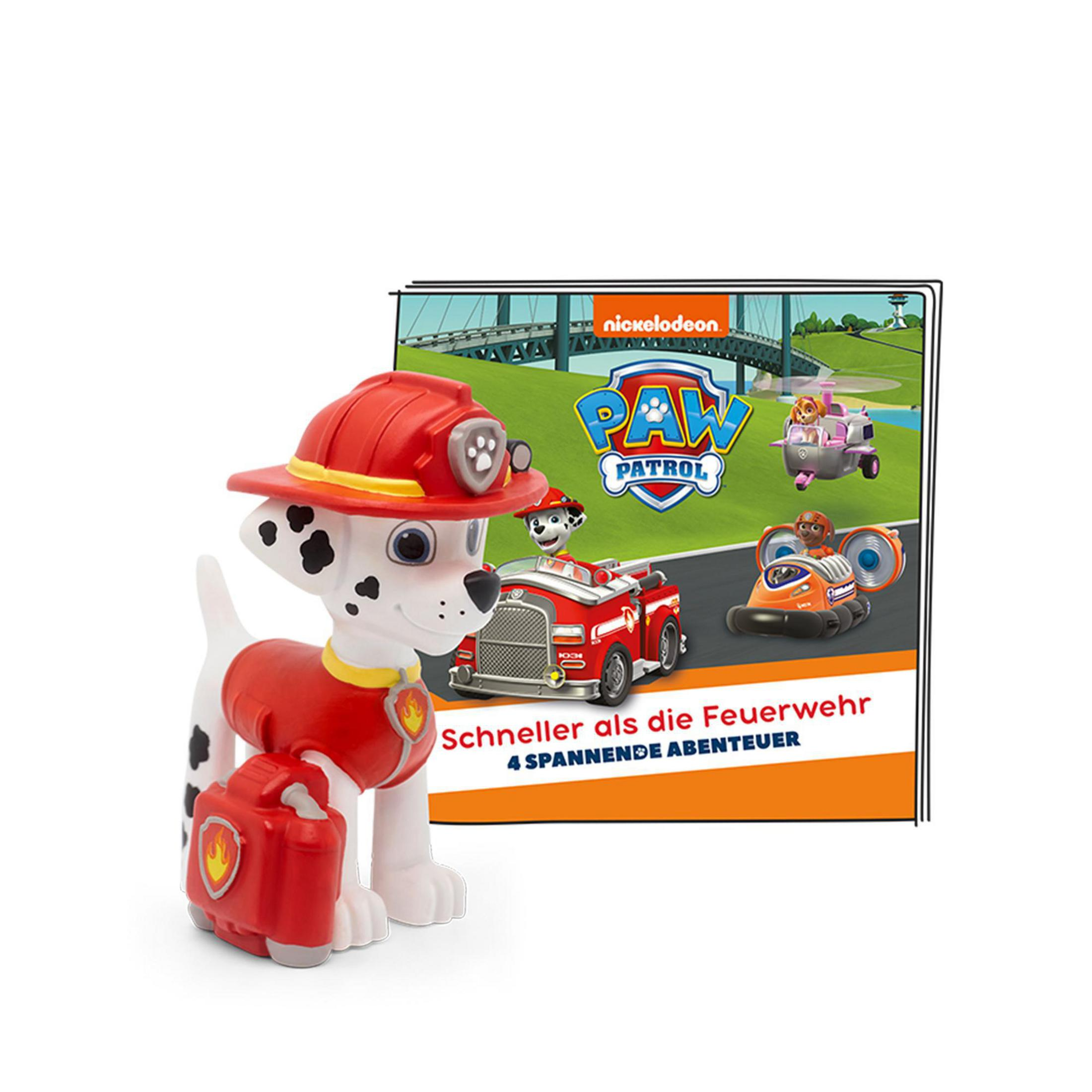 Ein Paw Patrol-Spielzeugset mit Marshall, einem Feuerwehrauto und einem Geschichtenbuch.