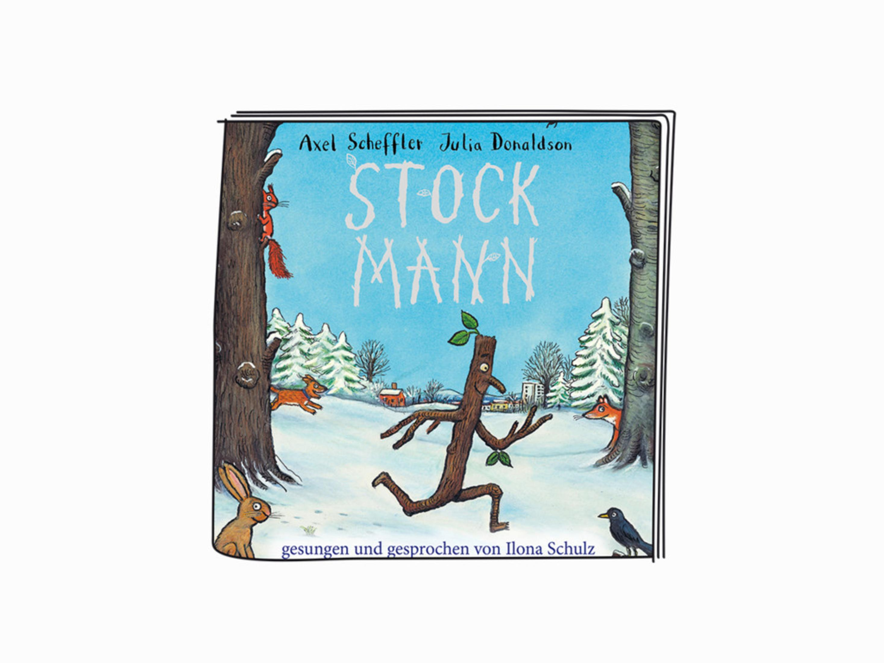 Buchcover: Titel 'Stockmann', Illustration von Stockmann, der in einem verschneiten Wald rennt.