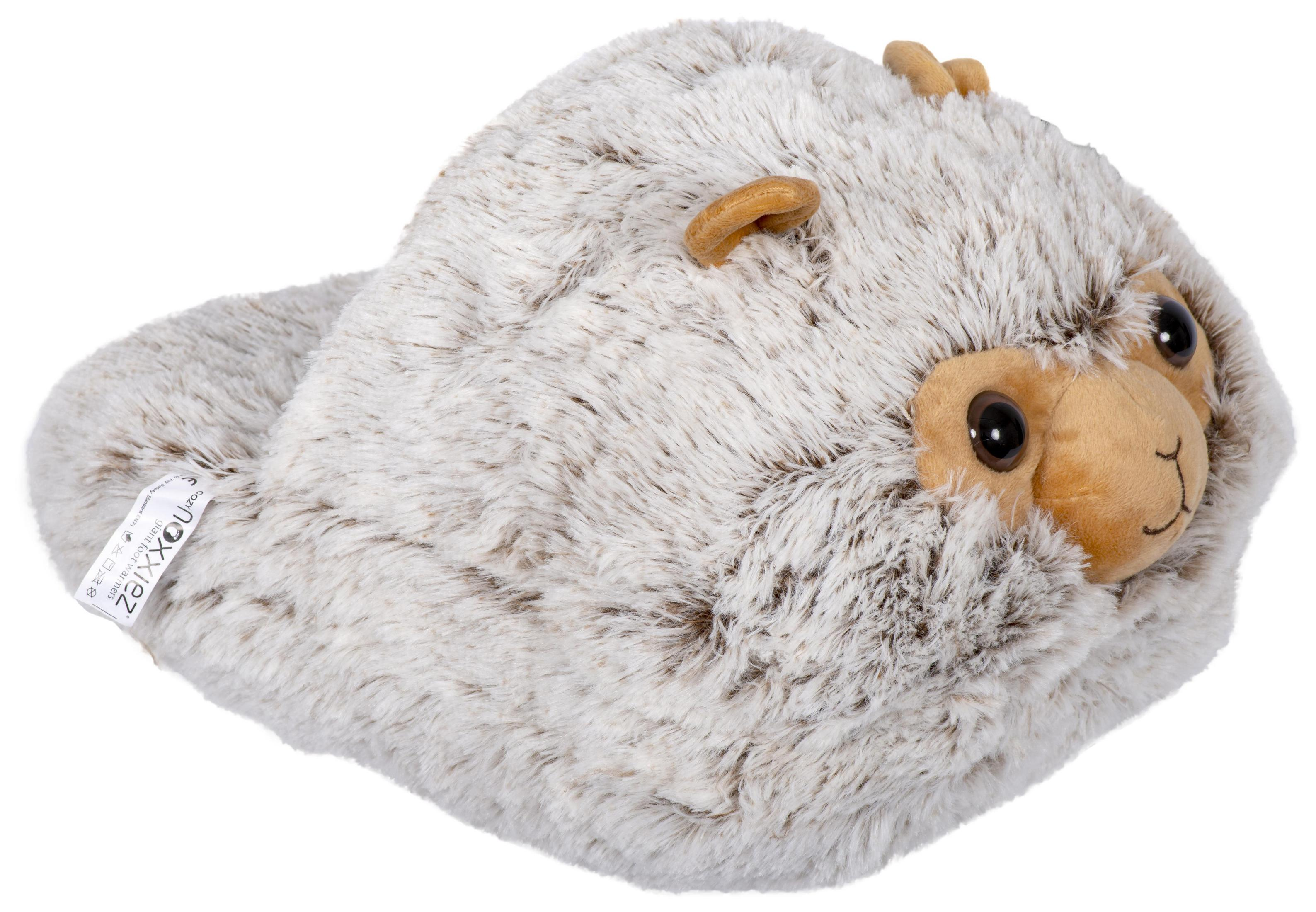 Ein flauschiger, hellgrauer Lama-förmiger Hausschuh mit sichtbaren Ohren, Augen und einer braunen Nase.