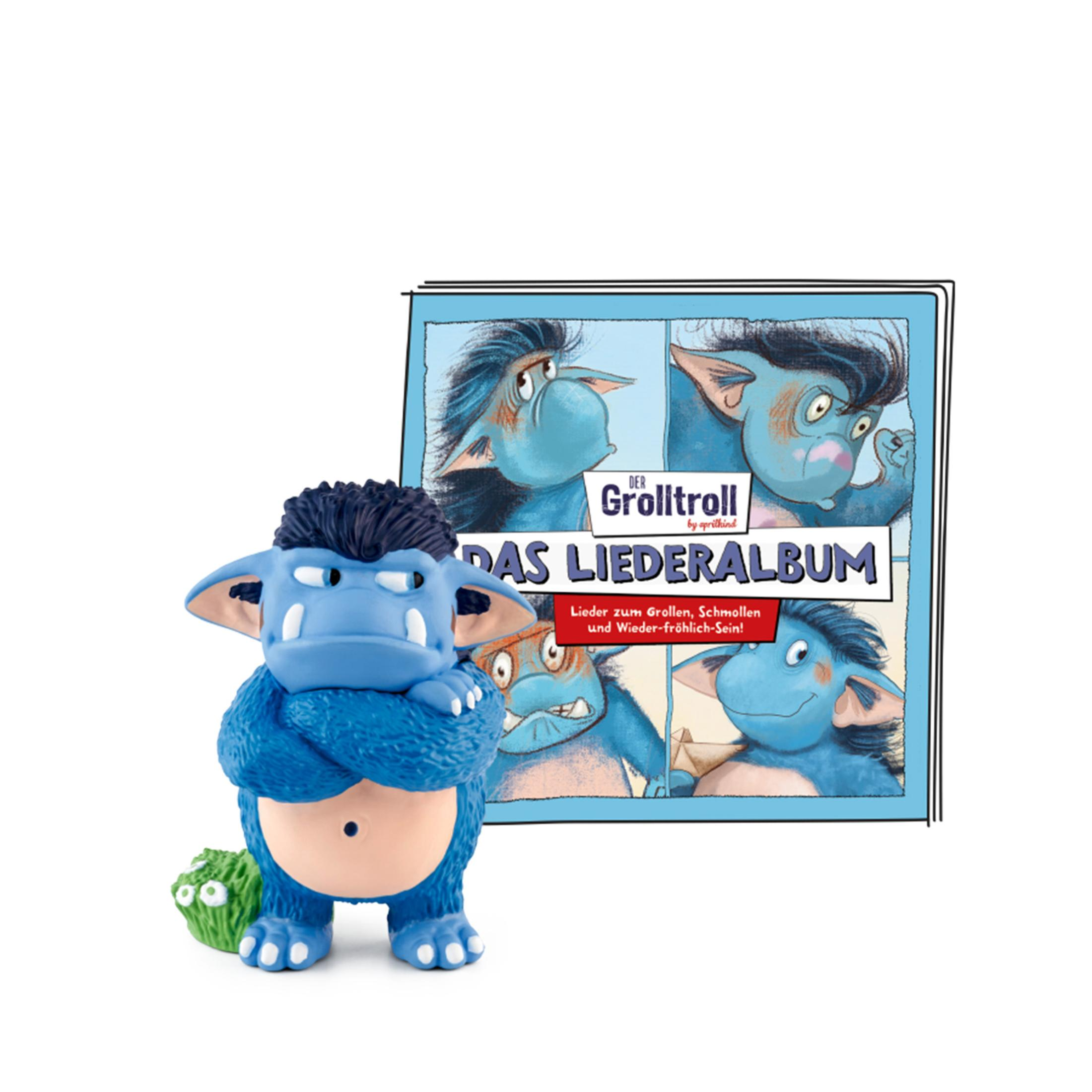 Blaue Trollfigur und ein Buchcover mit Troll-Illustrationen, betitelt 'Das Liederbuch'.