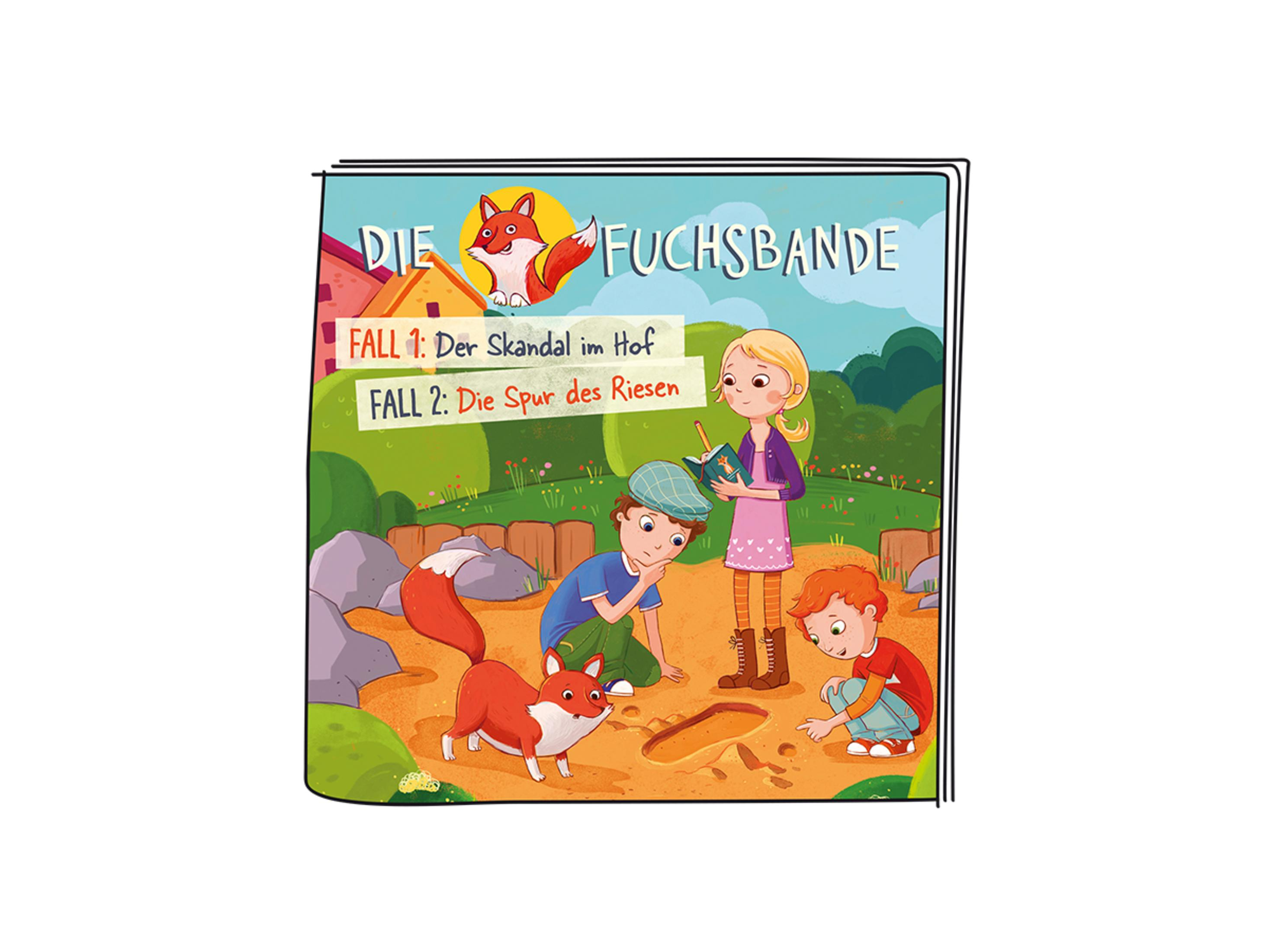 Illustration eines Buchcovers mit einem Fuchs und drei Kindern, die sich Fußabdrücke ansehen.