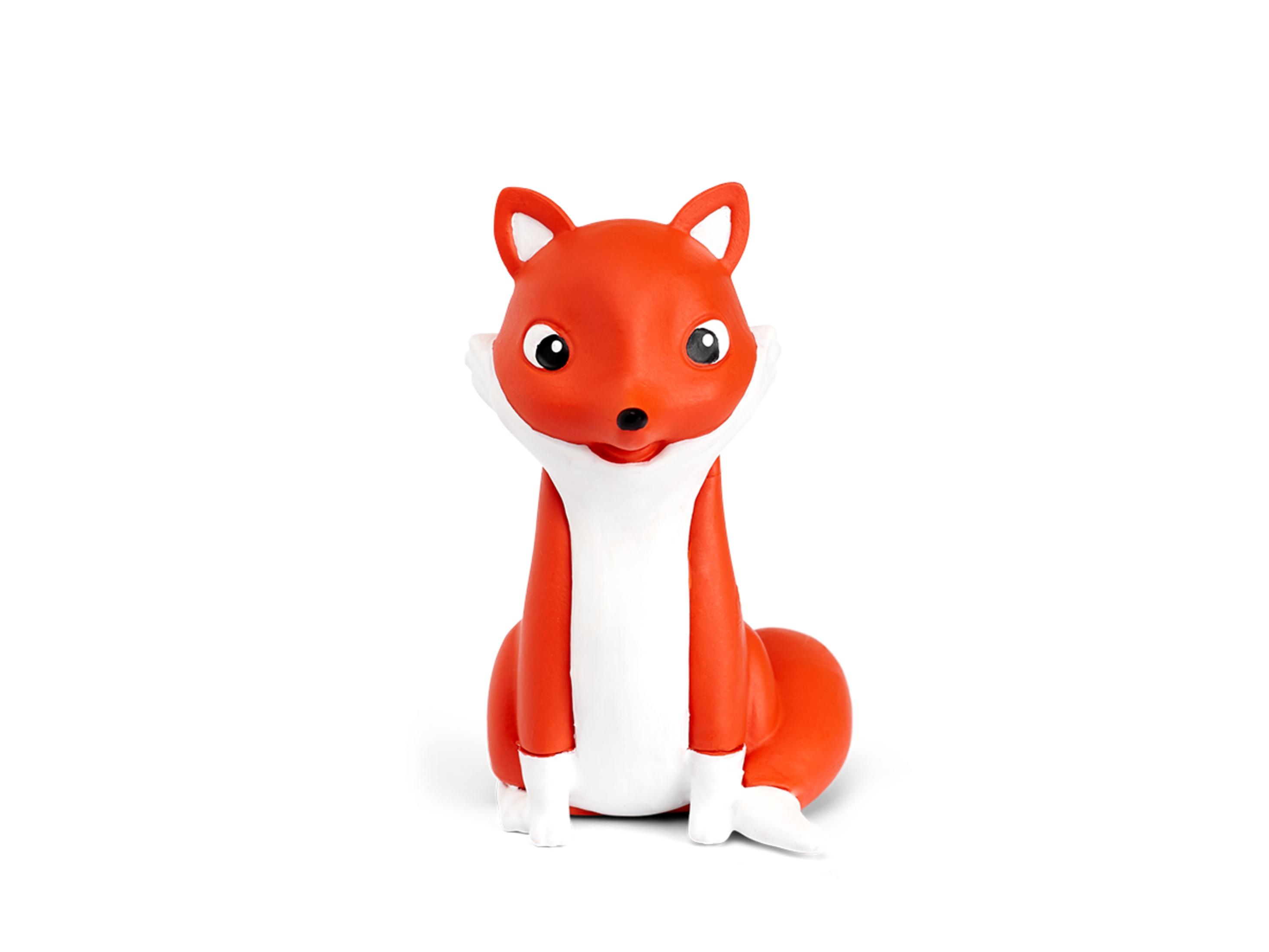 Eine Cartoon-Fuchsfigur, orange mit weißer Brust, lächelnd. Er hat spitze Ohren und sitzt.