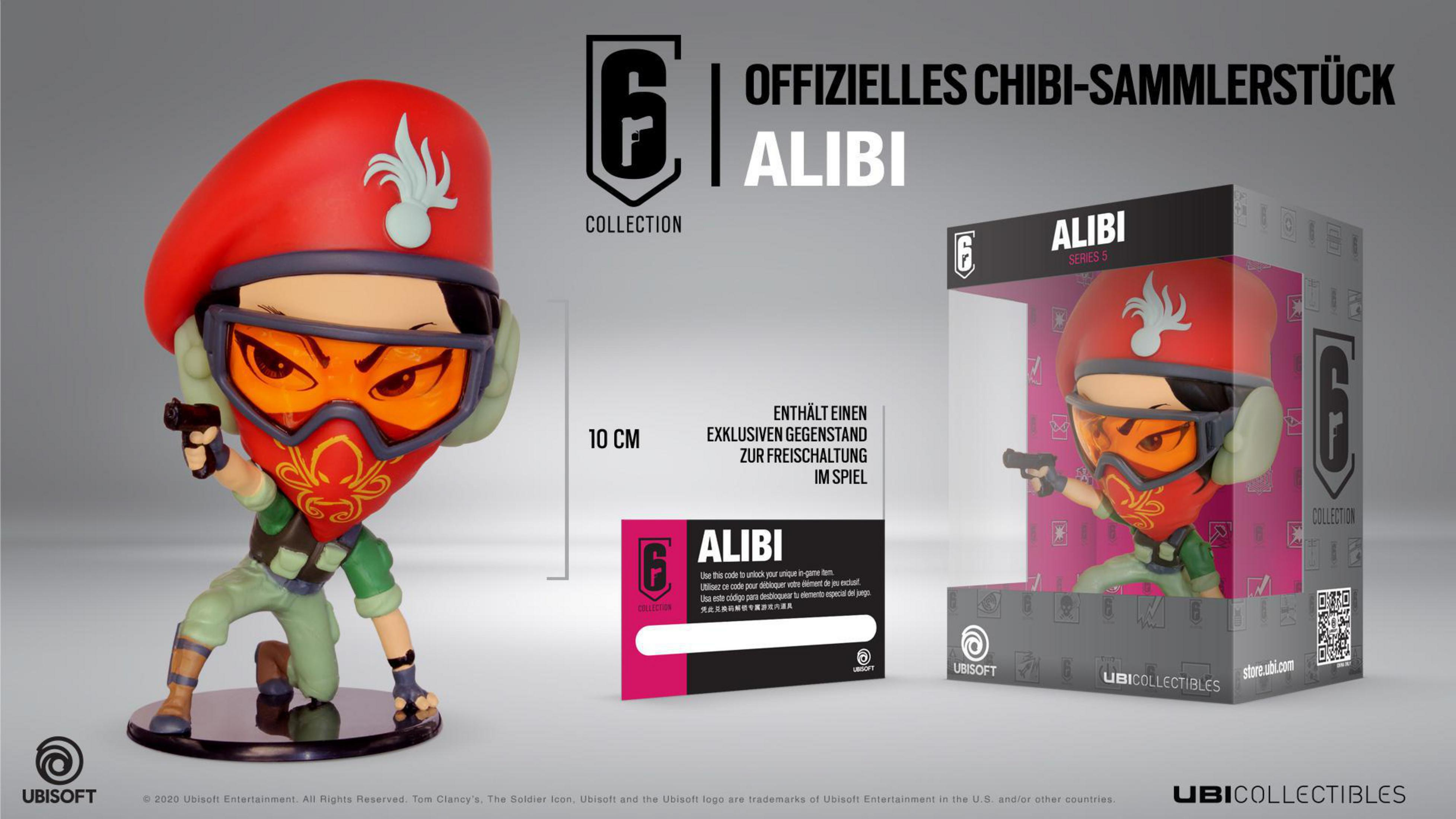 Figura chibi di Alibi da Rainbow Six Siege. La figura è in una scatola con i dettagli di Alibi.