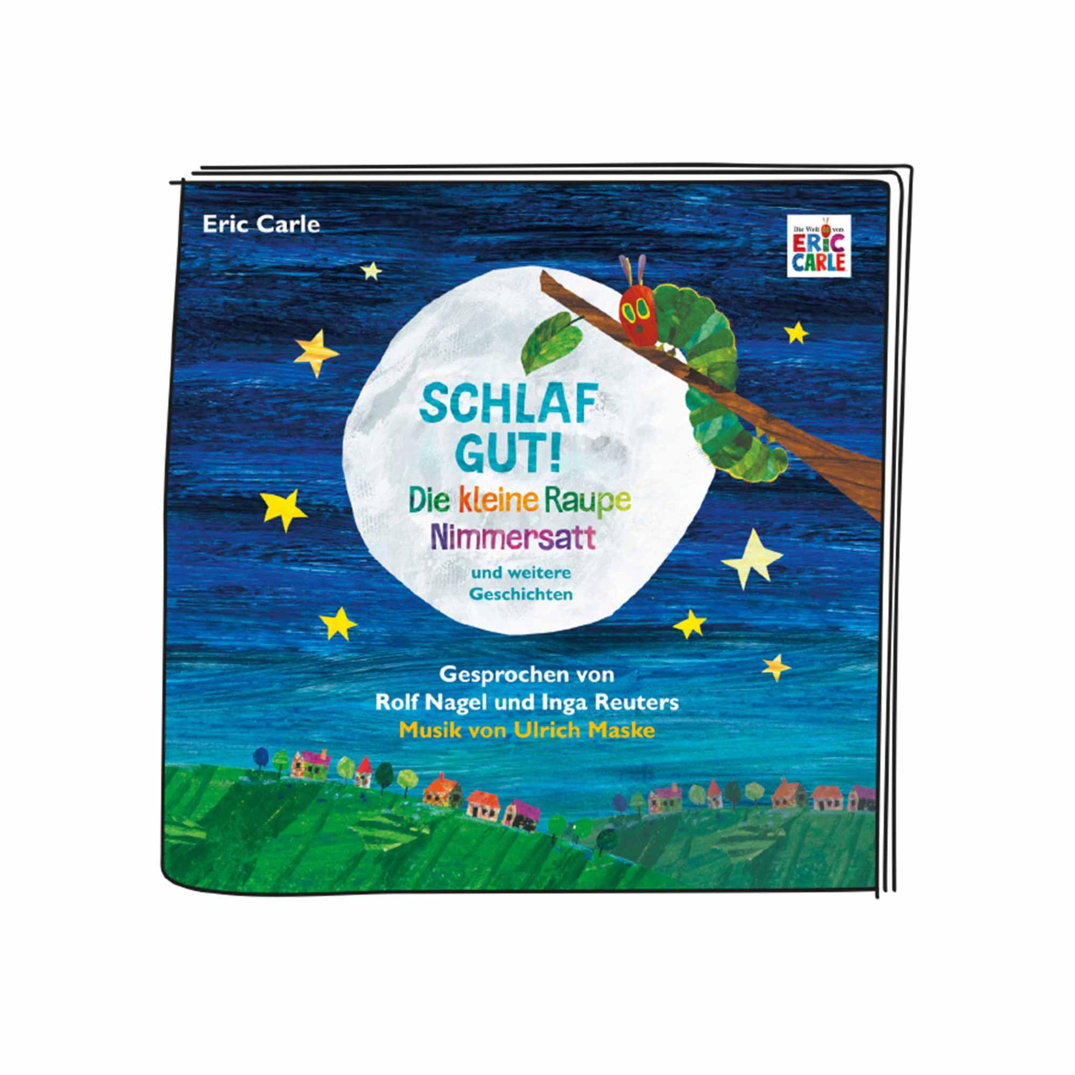 Buchcover zeigt Raupe, Mond, Sterne und deutschen Text. Es ist ein Kinderbuch.