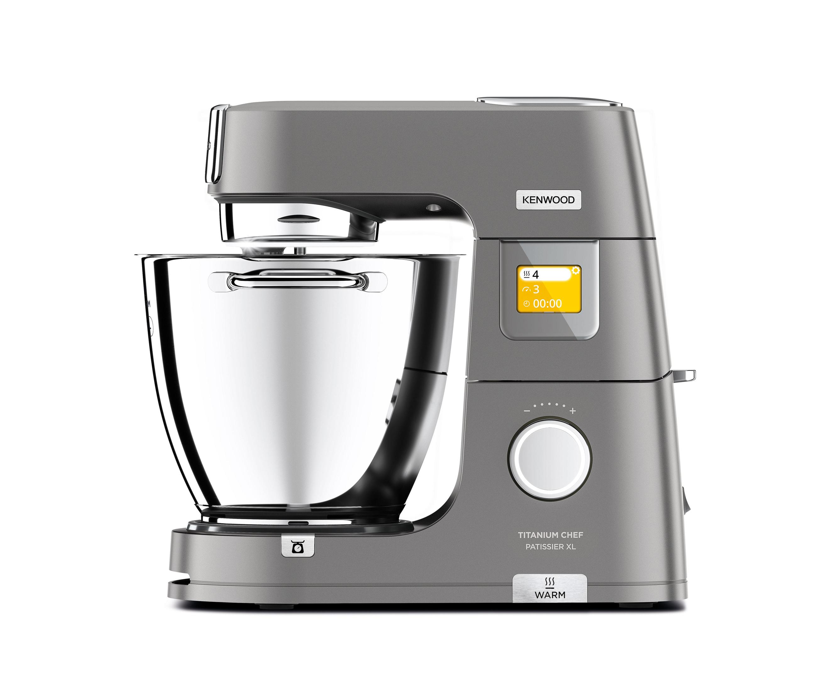 Gray Kenwood Titanium Chef mixer with a stainless steel bowl, on a white background.
