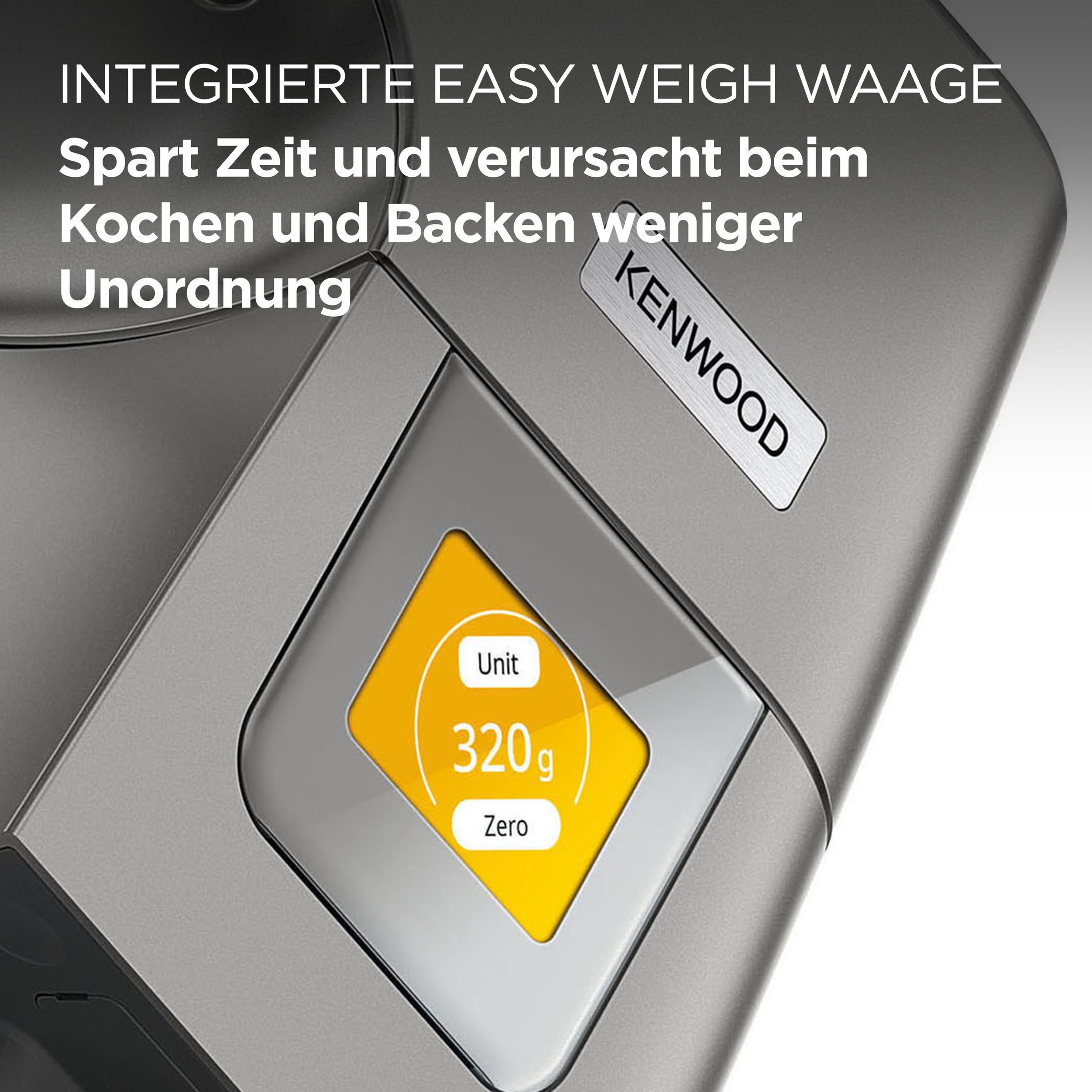 A digital scale shows 320g on a yellow display, the label reads 'KENWOOD'.