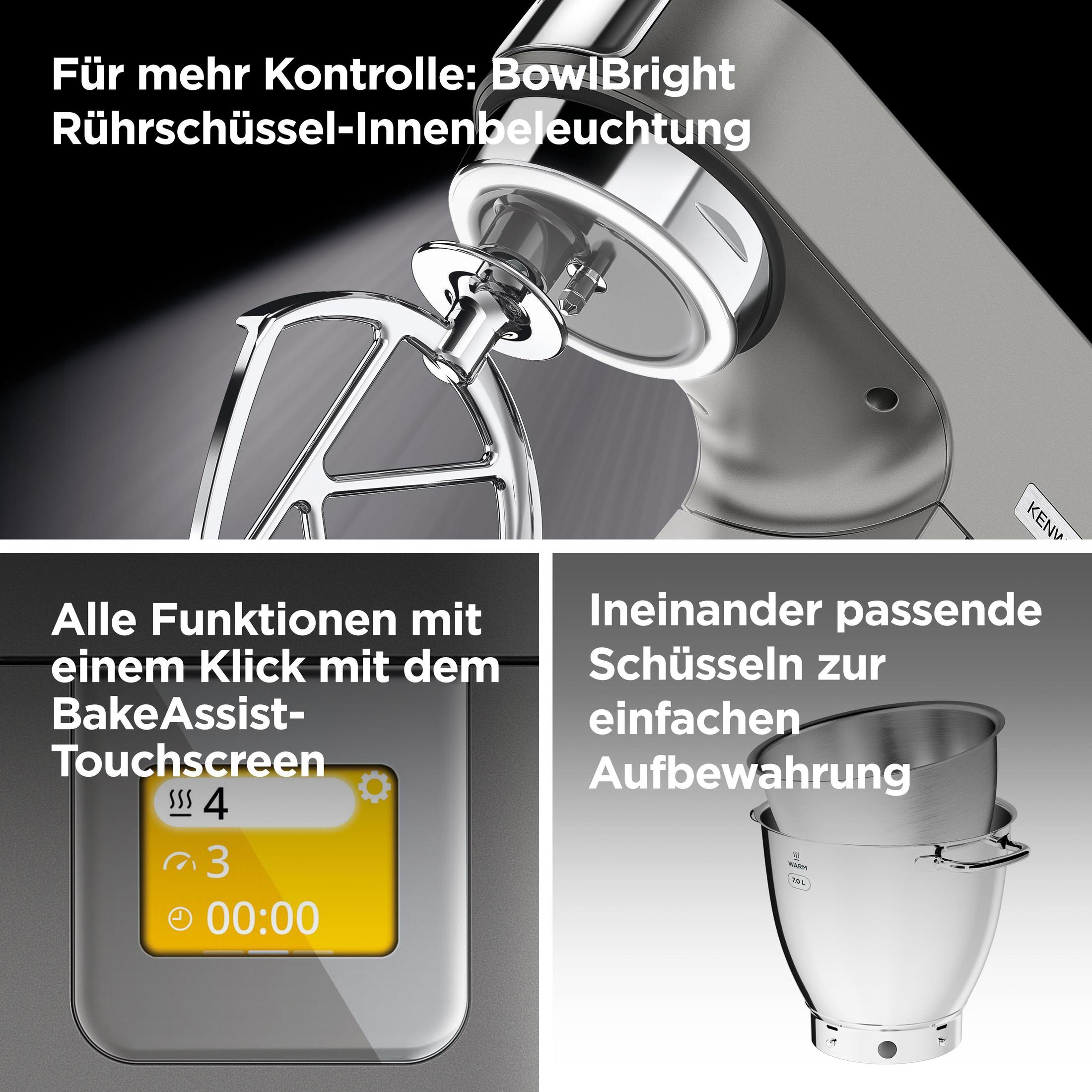 Close-up of a kitchen aid, showing the touch screen and mixing bowl.