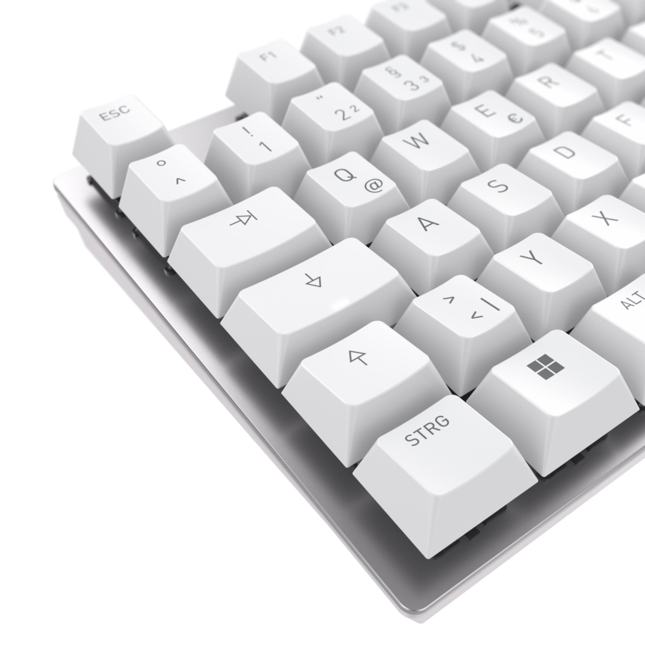 Nahaufnahme einer weißen mechanischen Tastatur mit weißen Tastenkappen. Die Tasten sind im Fokus.