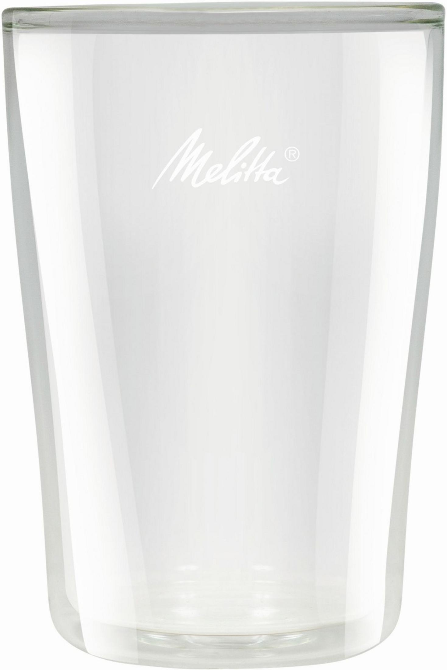 Ein transparentes Glas mit dem Melitta-Logo.