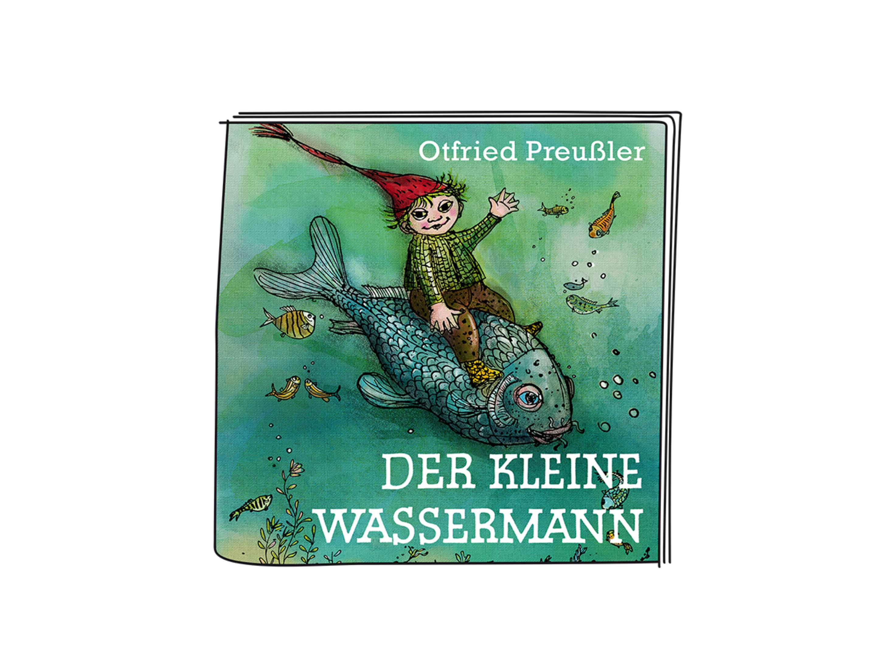 Buchcover-Illustration eines Jungen, der auf einem Fisch reitet, deutscher Text.