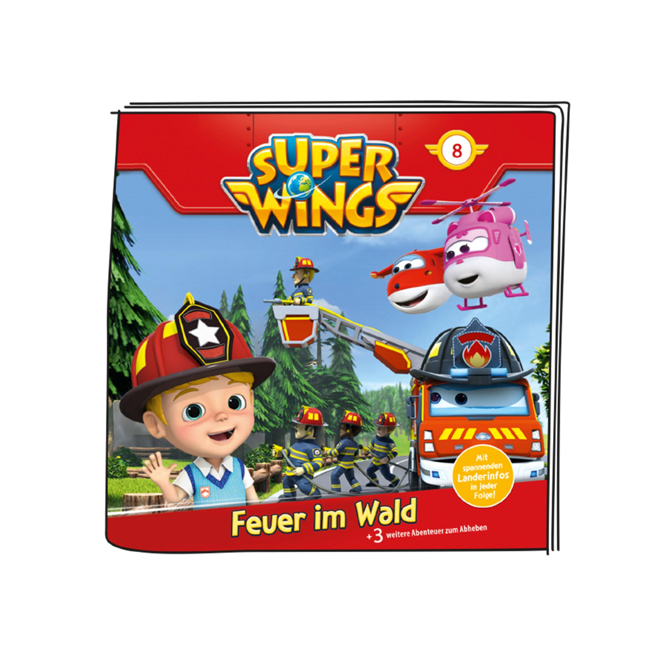 Buchcover mit einer Cartoon-Szene von Super Wings. Roter Einband mit Figuren.