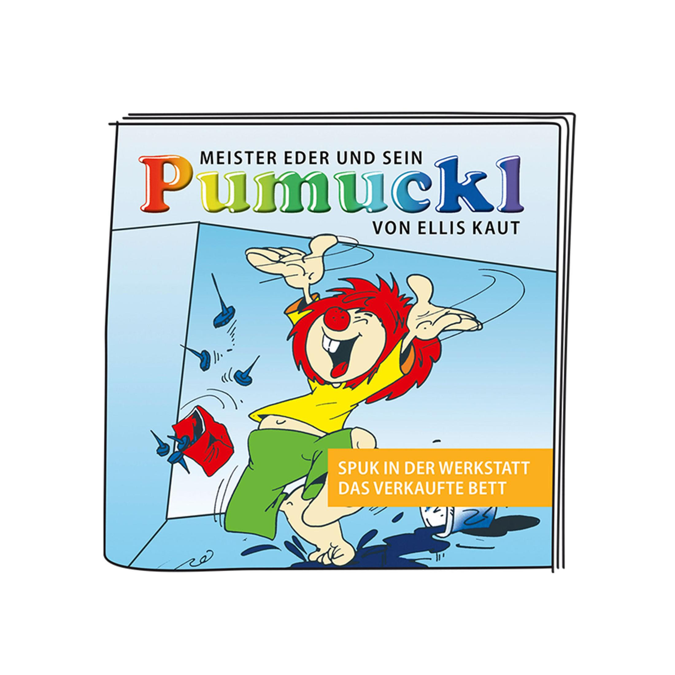 Ein Buchcover mit Pumuckl, einer Zeichentrickfigur, mit farbenfrohem Hintergrund und Text.