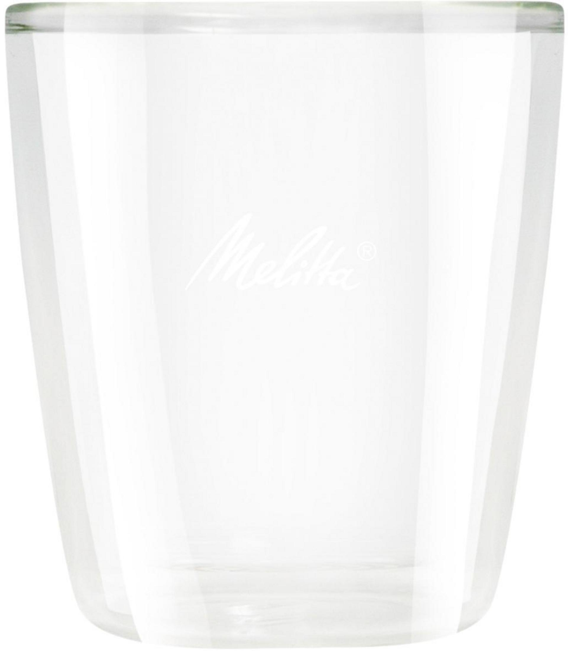 Vaso Melitta transparente. Logotipo blanco de Melitta. Fondo blanco.