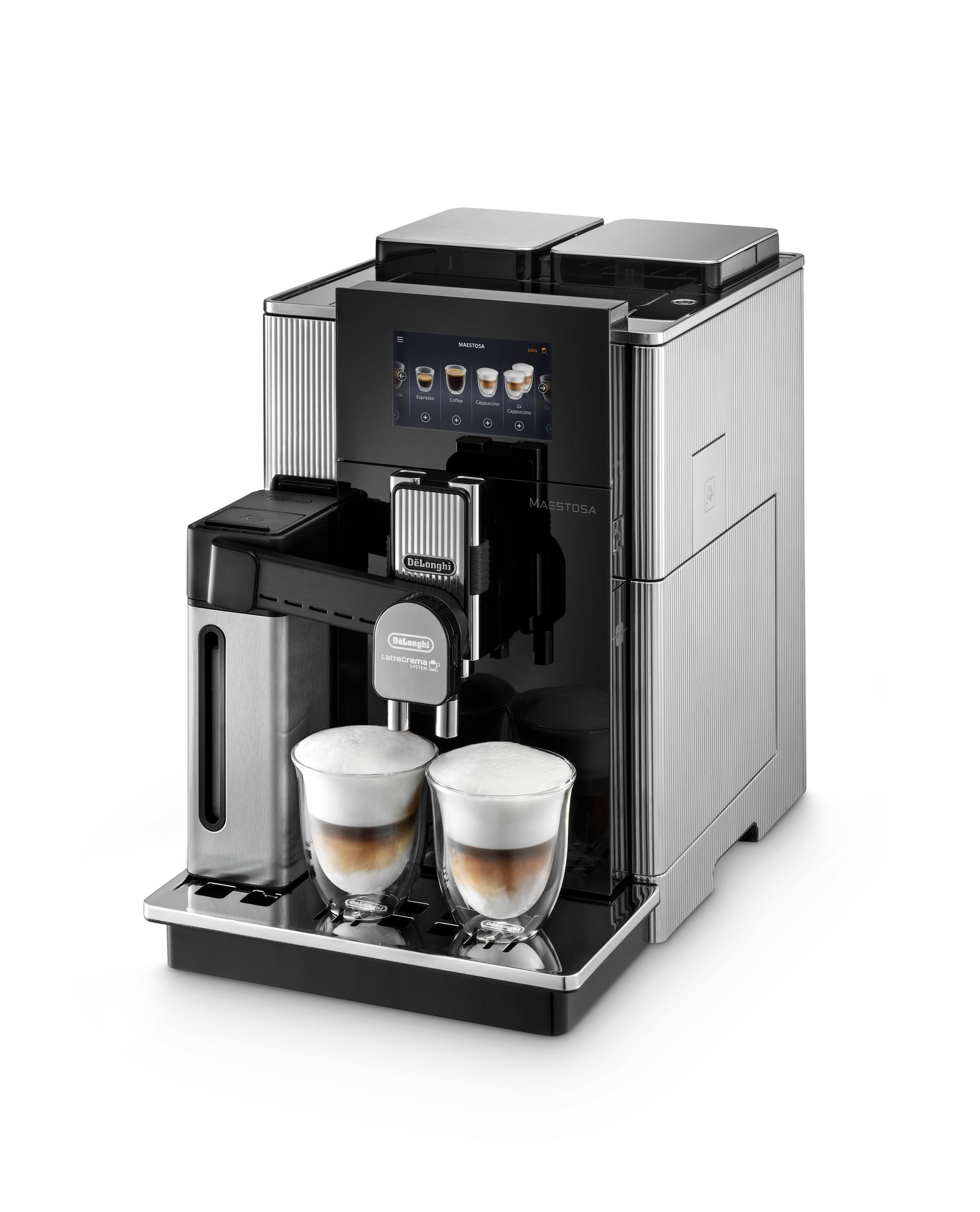 Espressomaschine mit zwei Glasbechern Latte. Silber und Schwarz mit digitalem Display.