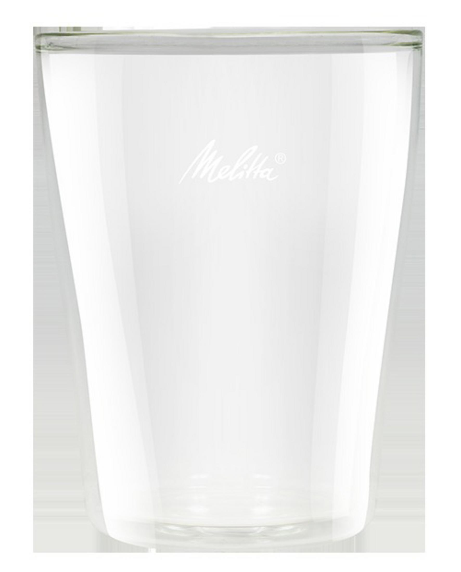 Ein klares Glas mit dem Melitta-Logo auf weißem Hintergrund. Es ist ein doppelwandiges Glas.