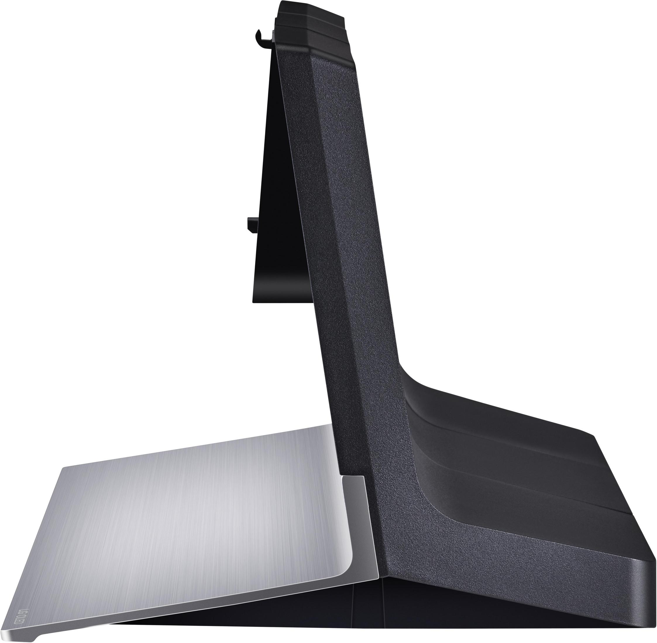 Un soporte de TV negro con un diseño elegante y una base metálica plateada.