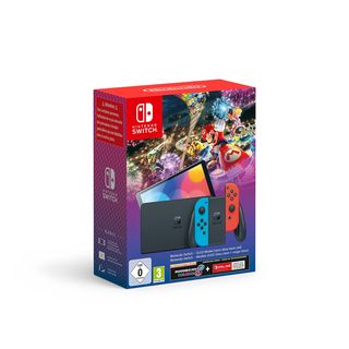 Consola - NINTENDO Switch OLED + Mario Kart 8 Deluxe (código descarga) + 3 meses NSO, 64 GB, Azul y Rojo Neón