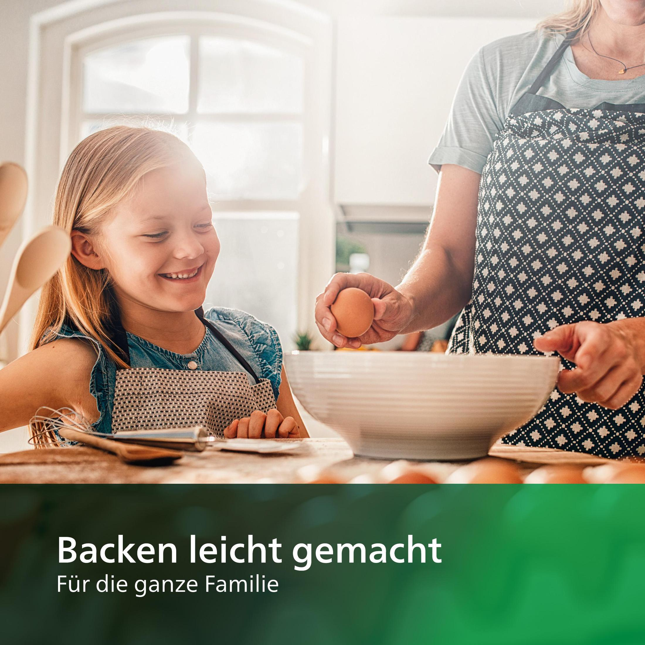A girl and a woman baking together in the kitchen, smiling, with text.