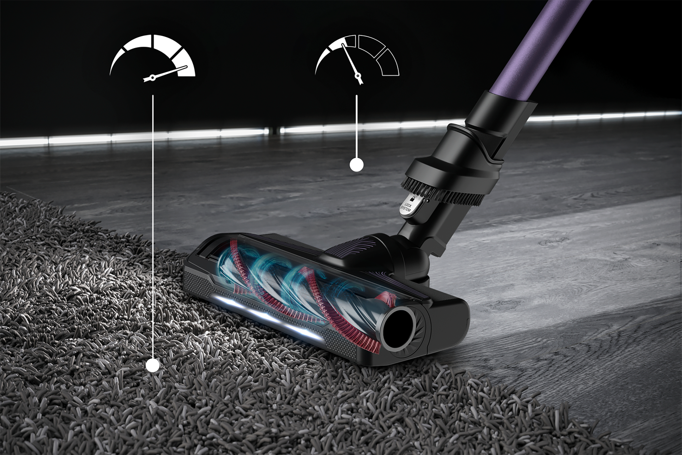 Głowica odkurzacza na dywanie, pokazująca elementy wewnętrzne i kierunek przepływu powietrza, ze wskaźnikami.