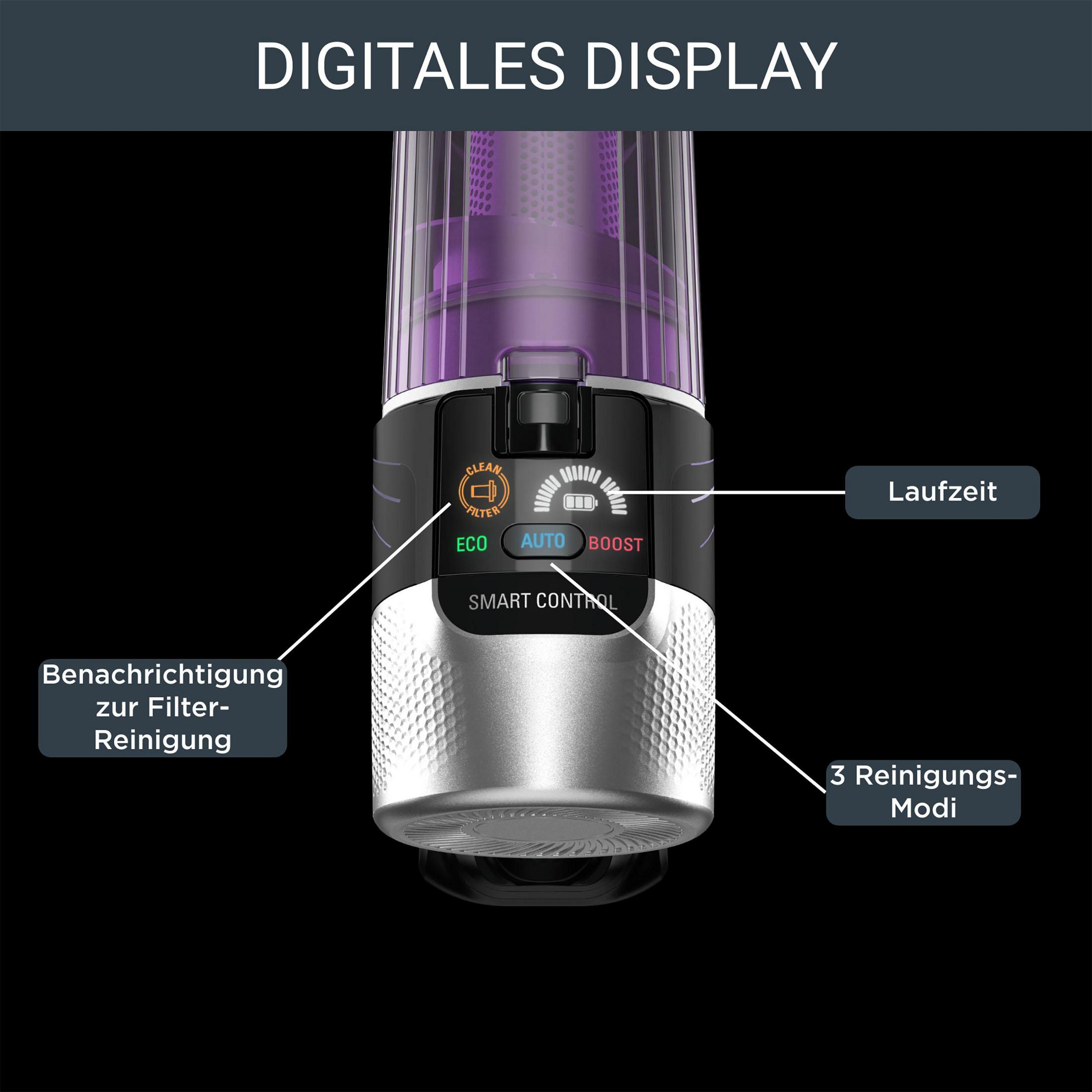 Zbliżenie cyfrowego wyświetlacza odkurzacza pokazujące czyszczenie filtra, tryby eco, auto, boost.