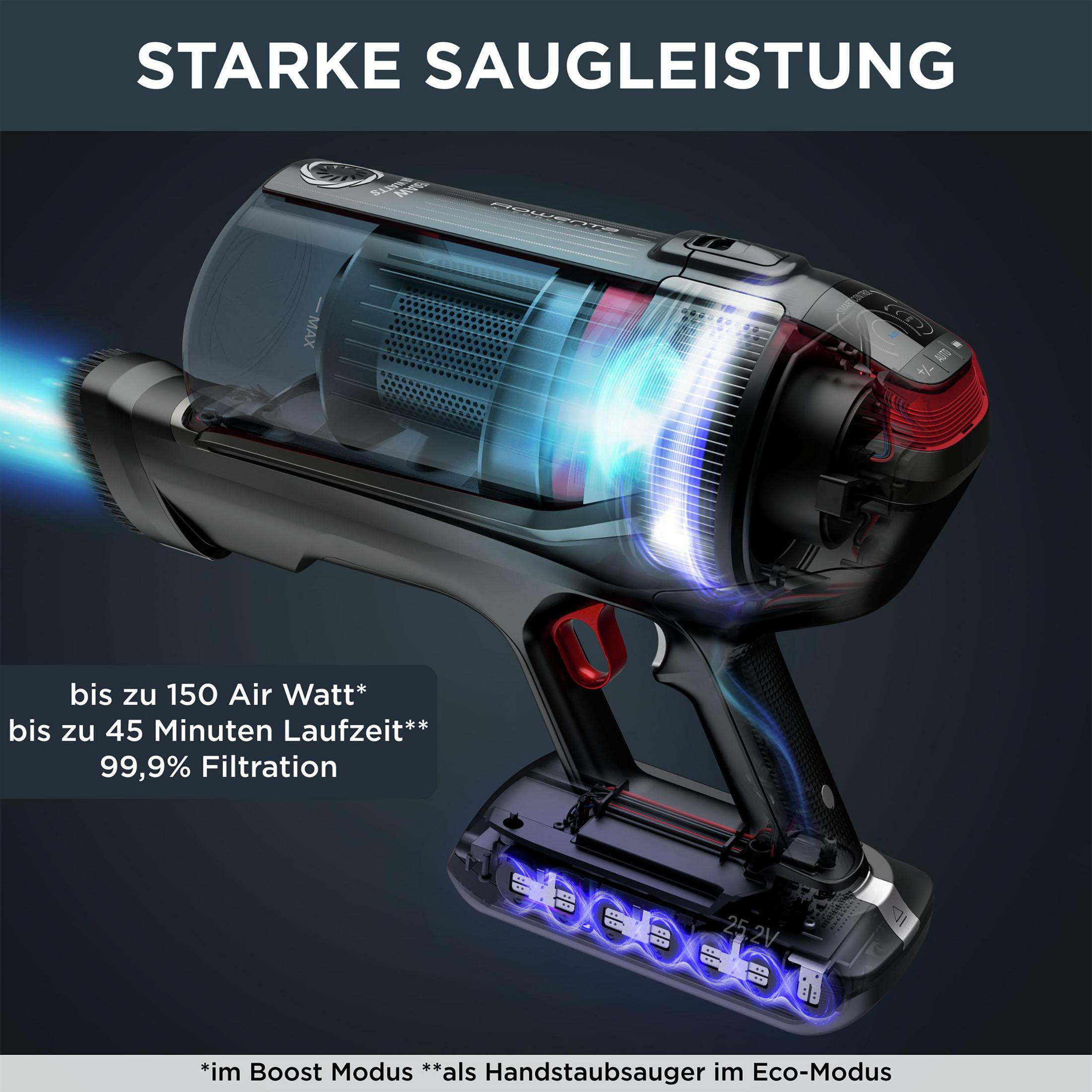 Ein schwarzer und roter Staubsauger mit blauen Lichtstreifen, der interne Komponenten und Text zeigt.
