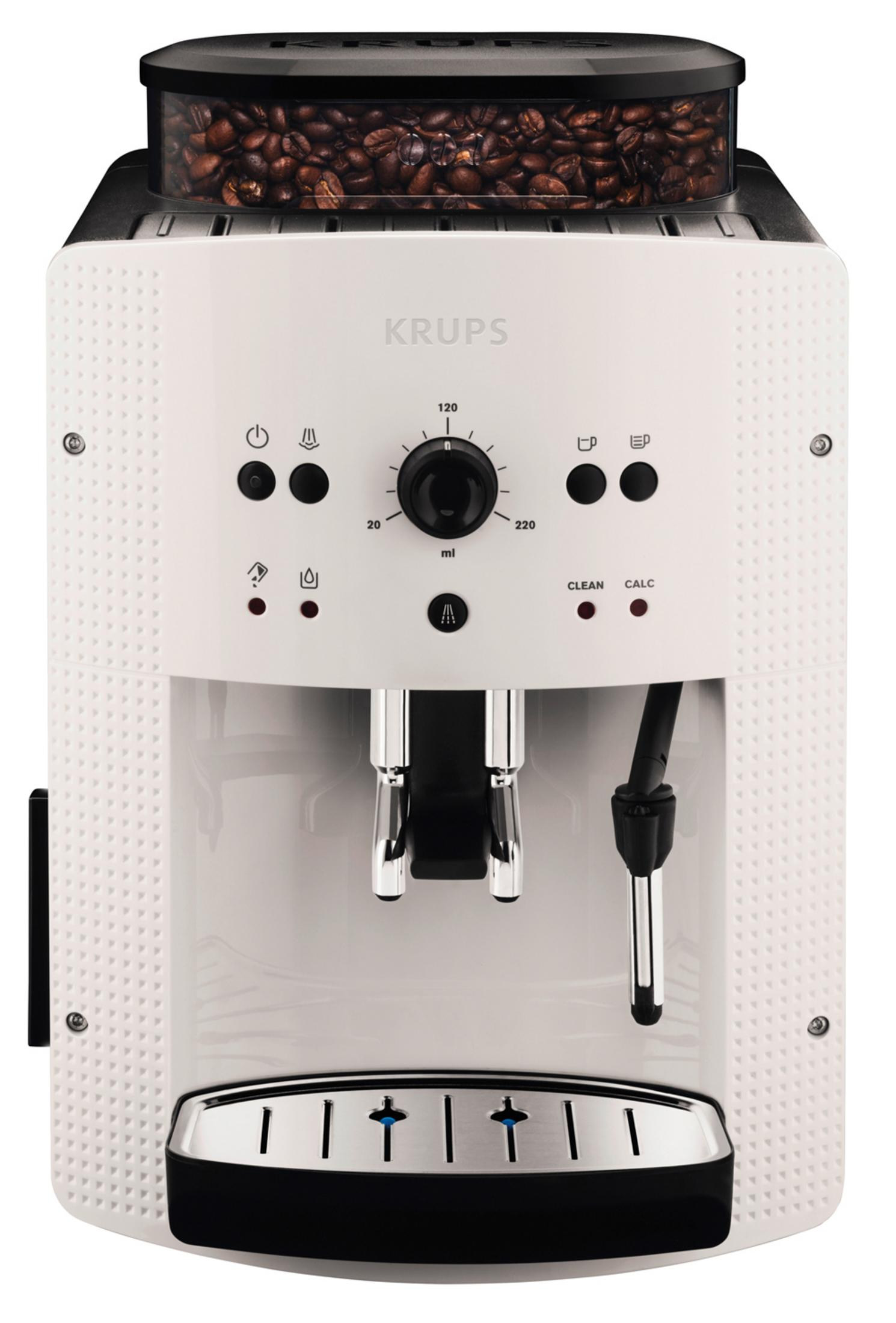 Eine weiße Krups Kaffeemaschine mit Bohnenbehälter und verschiedenen Knöpfen vorne.