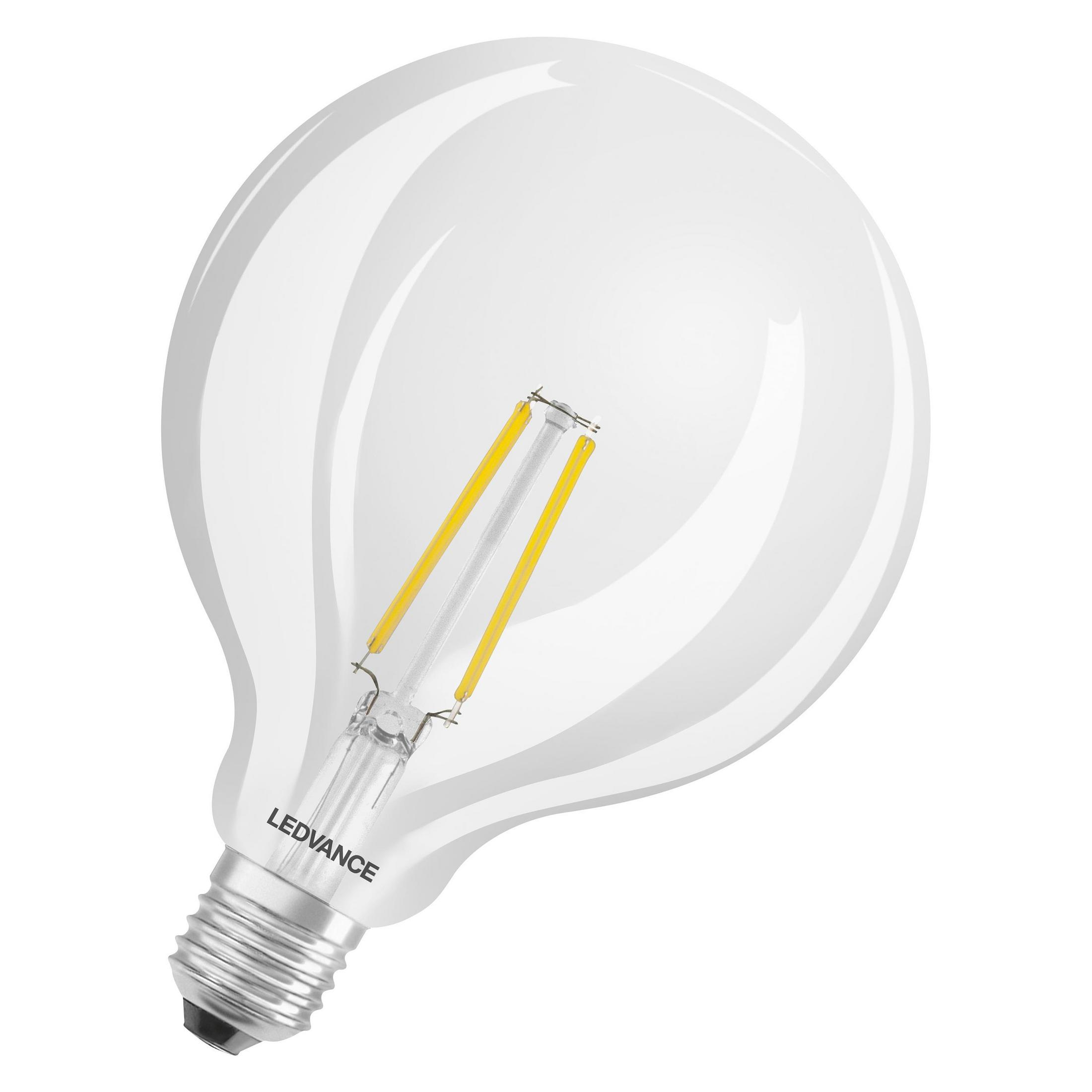 Lampadina LED grande e trasparente con filamenti gialli e base argentata. Vista dall'alto.