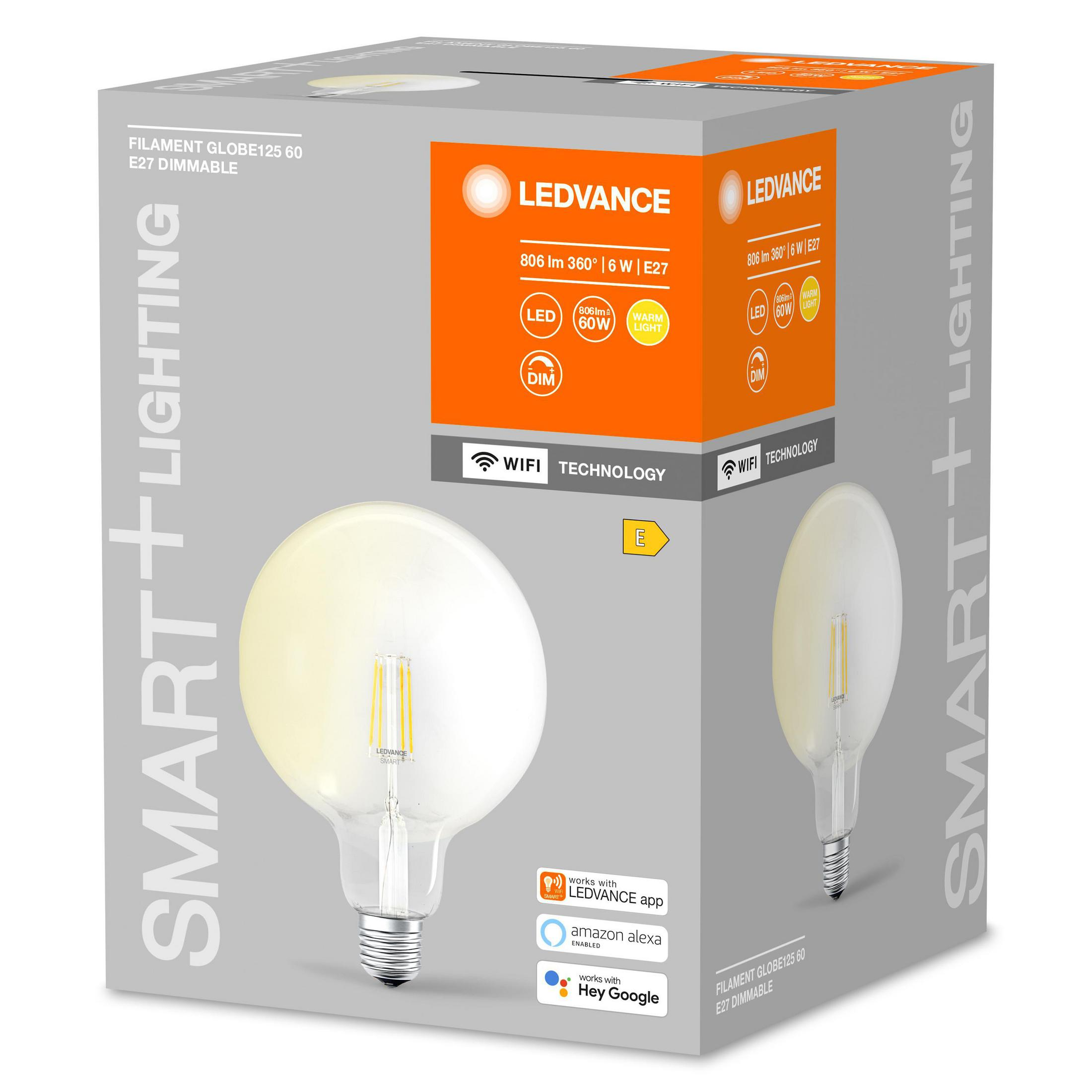 Una lampadina con attacco E27, la scatola mostra informazioni LED, dimmerabile e funziona con Alexa e Google.