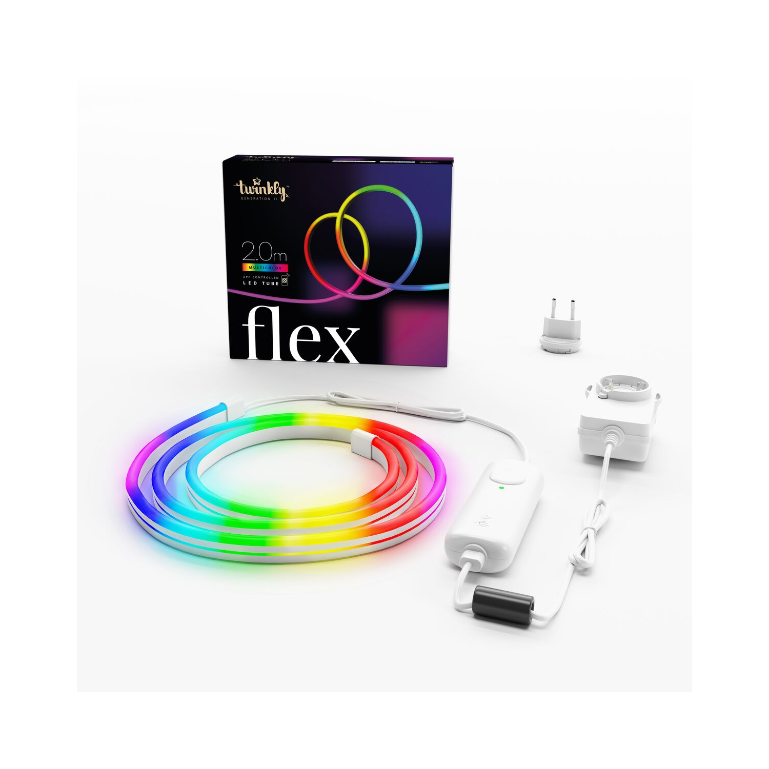 Pudełko z kolorowymi, elastycznymi paskami LED z akcesoriami i białym tłem.