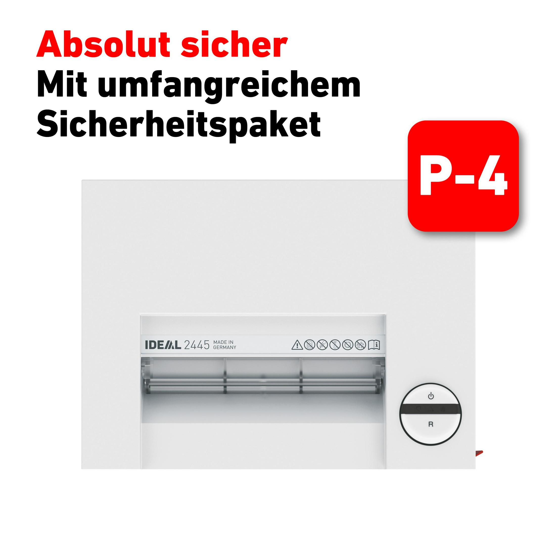 Weißer Aktenvernichter mit Text: 'Absolut sicher' und 'P-4' in roter Box. Bedienfeld und Sicherheitssymbole sichtbar.