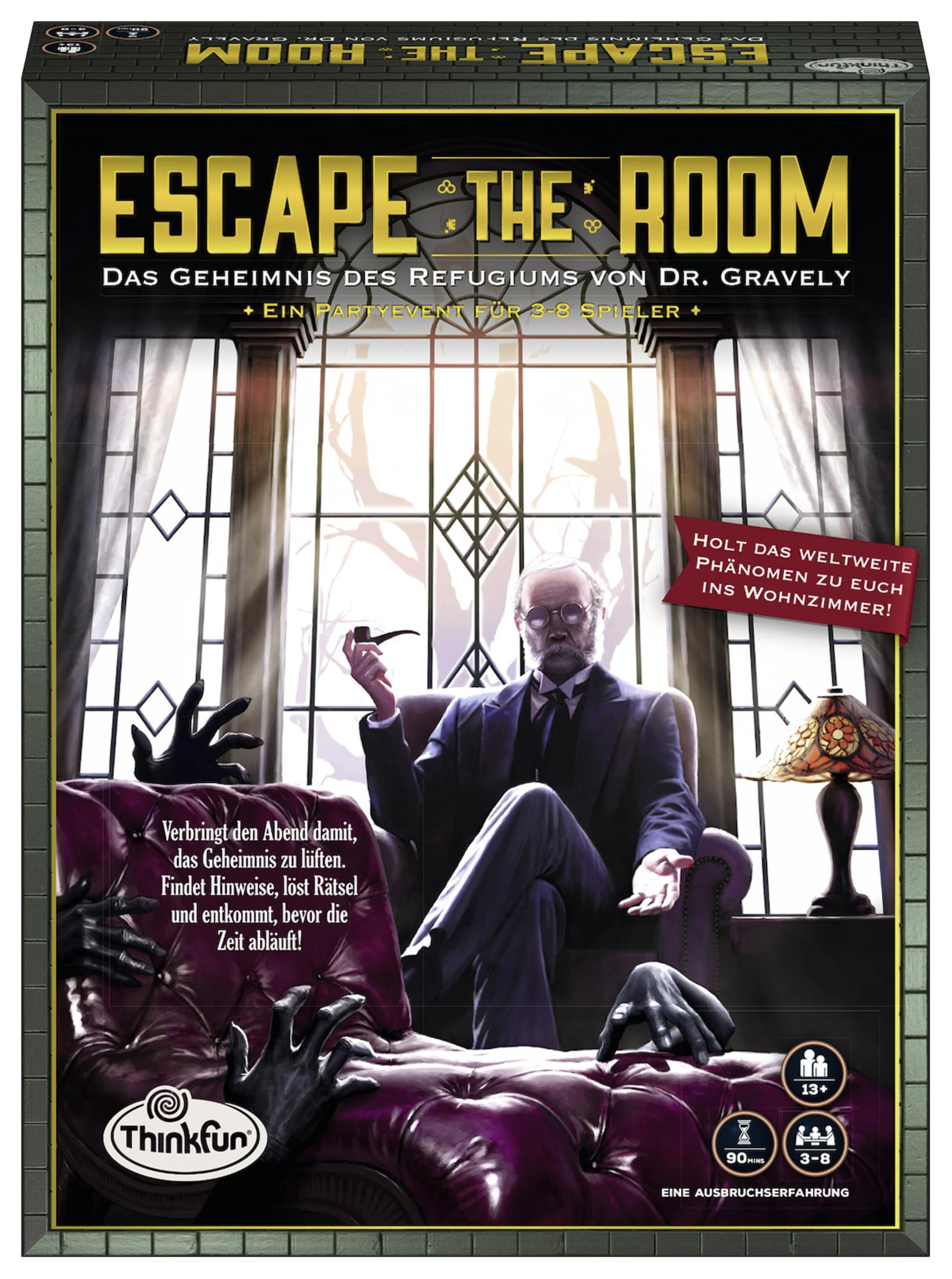 Caja del juego Escape the Room, ilustración de un hombre en una habitación con manos extendidas.