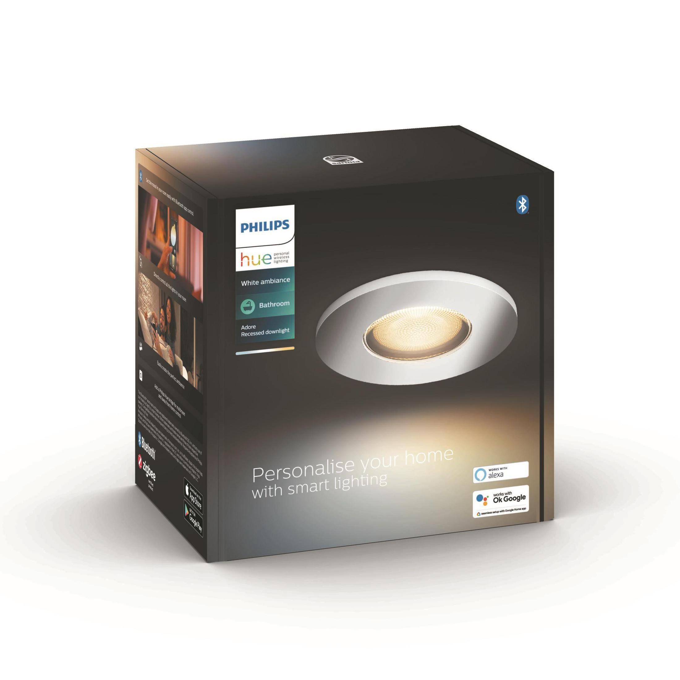 Luz blanca y plateada en una caja. La caja tiene una etiqueta con información del producto.