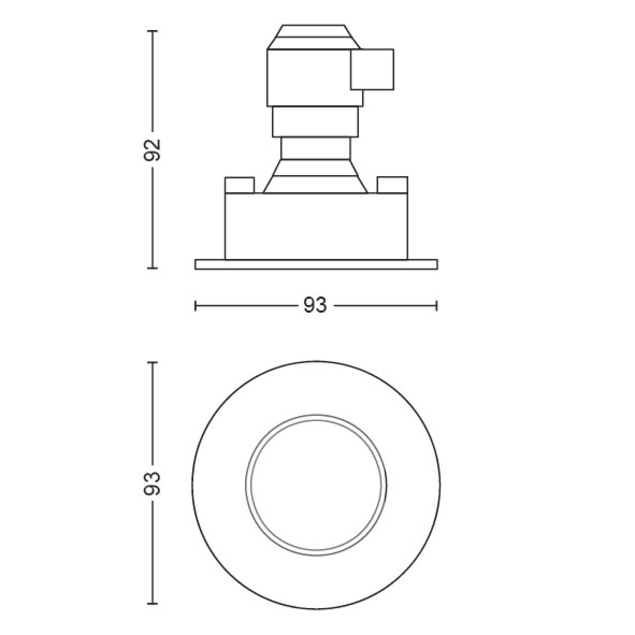 Dibujo técnico de un foco. El dibujo muestra dimensiones y diferentes vistas.