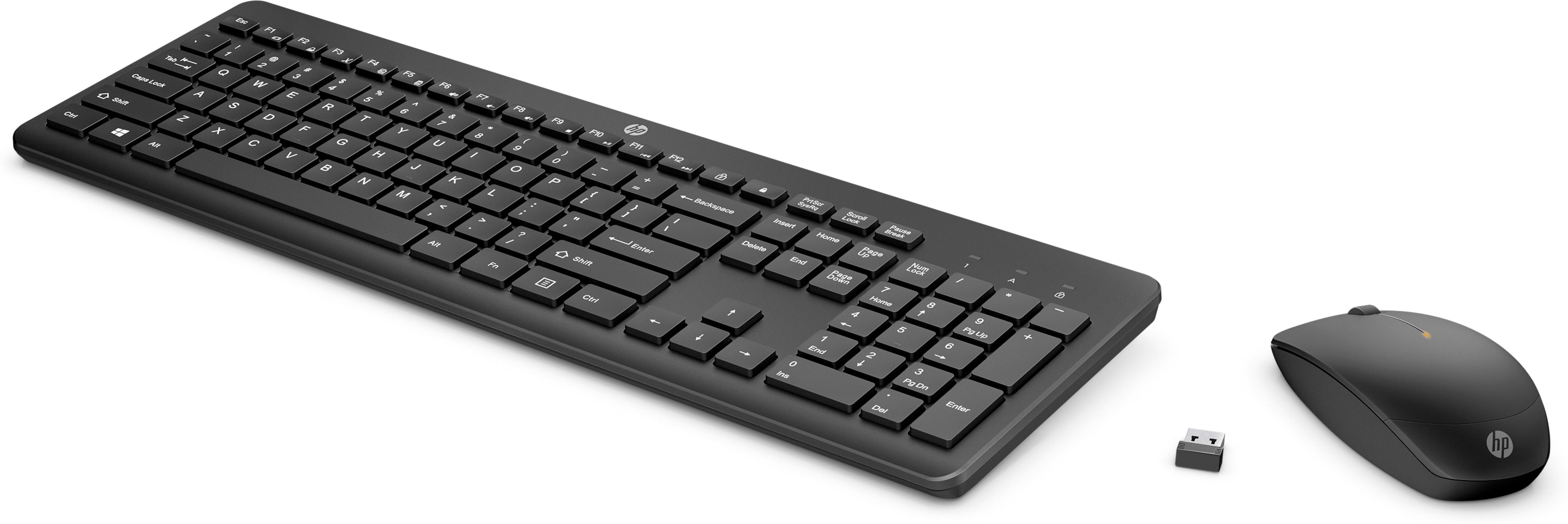Schwarzes Tastatur- und Maus-Set. Die Tastatur hat viele Tasten. Ein USB-Empfänger ist sichtbar.