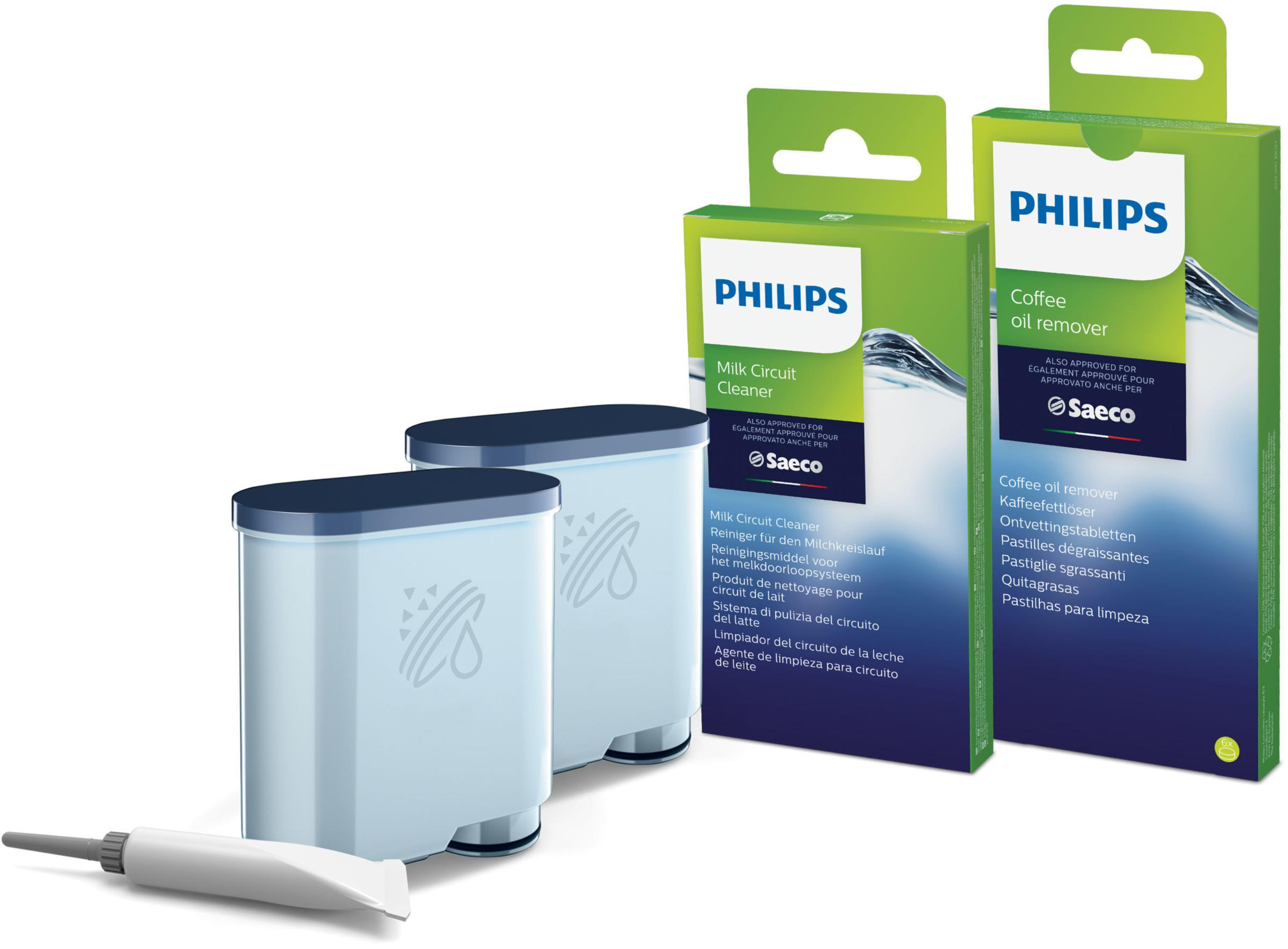 Produktverpackungen von Philips Milchkreislaufreiniger und Kaffeeölentferner auf weißem Untergrund.