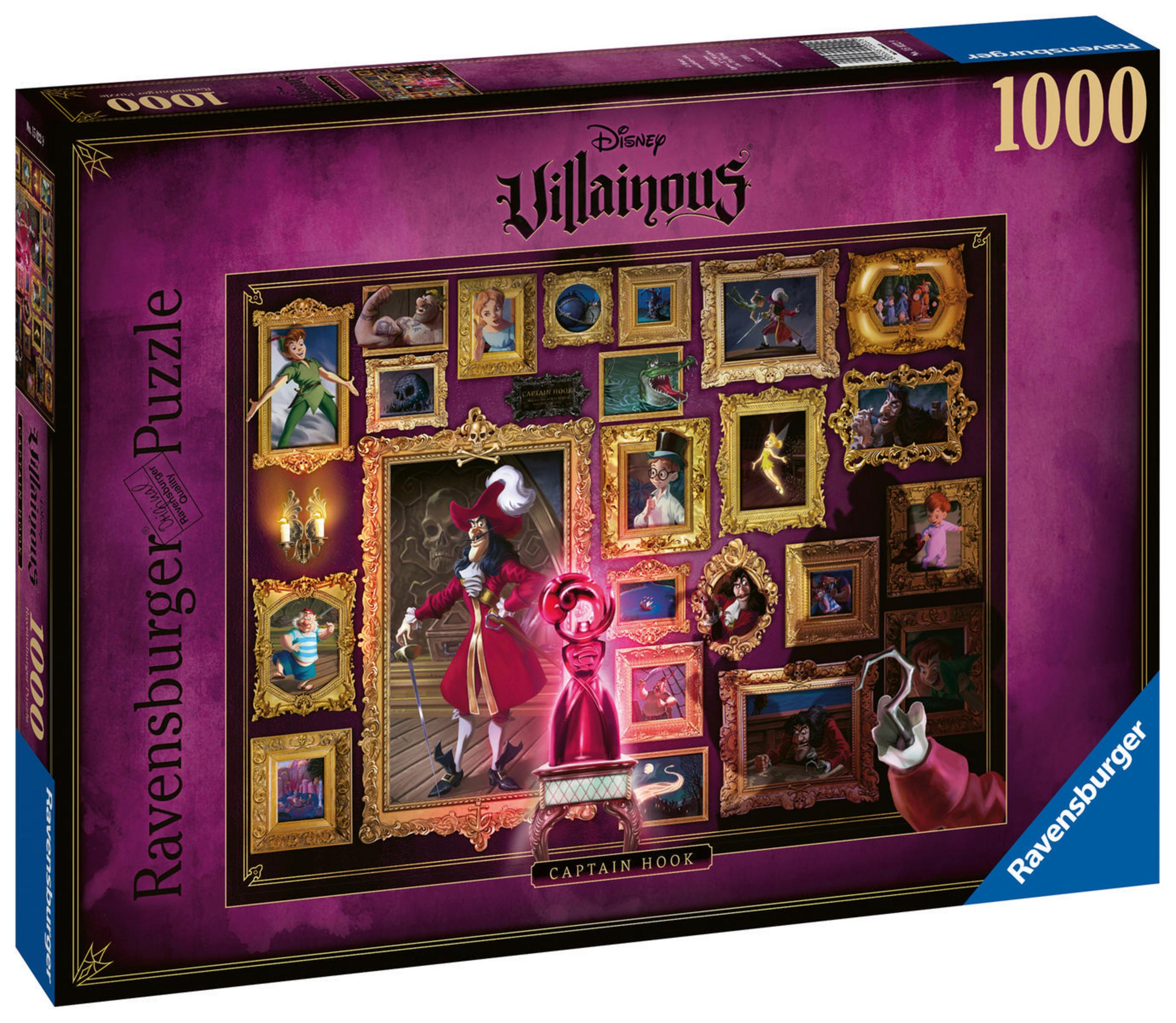 Eine Disney-Puzzle-Box mit verschiedenen gerahmten Bildern, Kapitän Hook steht im Mittelpunkt.