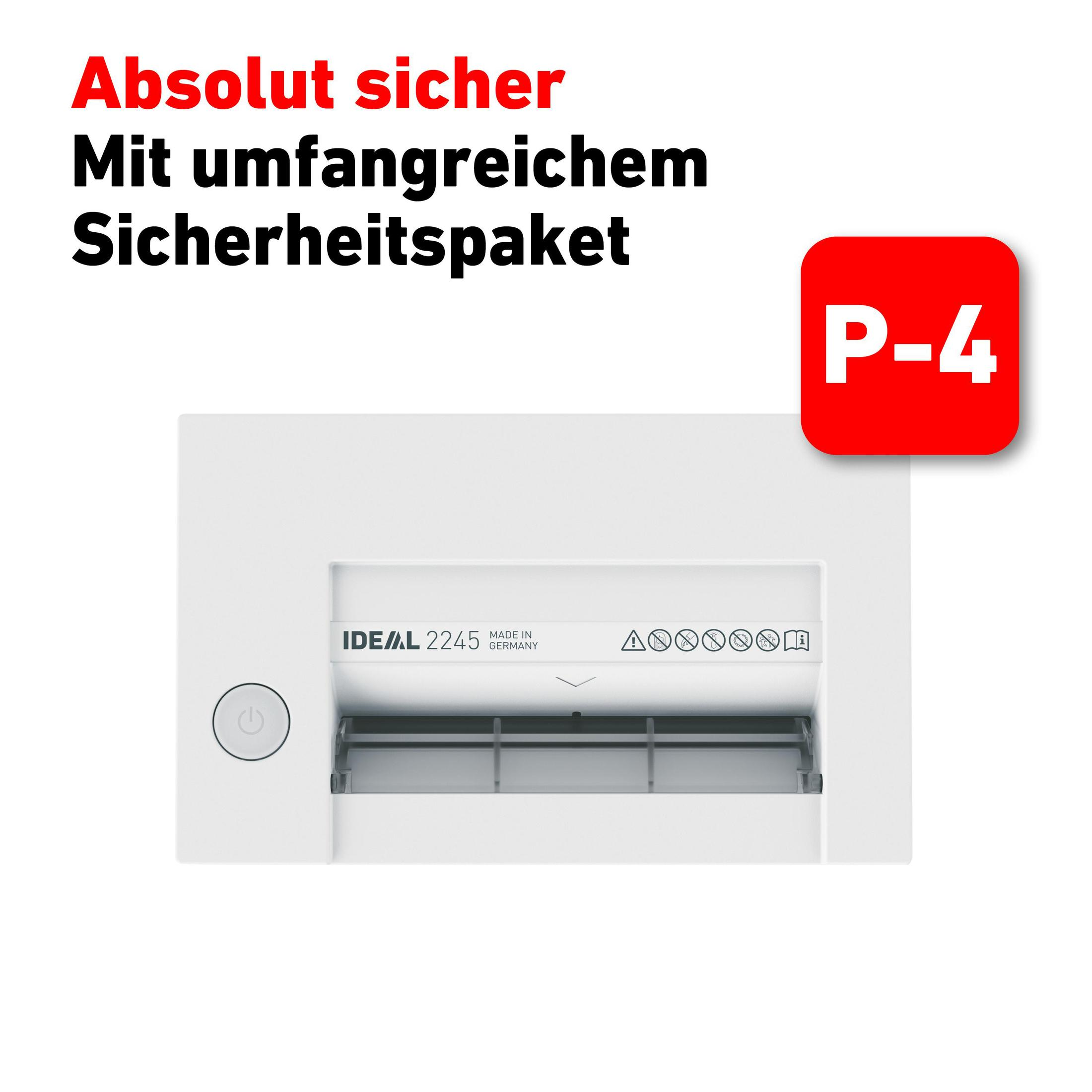 Ein weißer Aktenvernichter mit Text. Ein rotes Schild mit 'P-4' befindet sich in der oberen rechten Ecke.