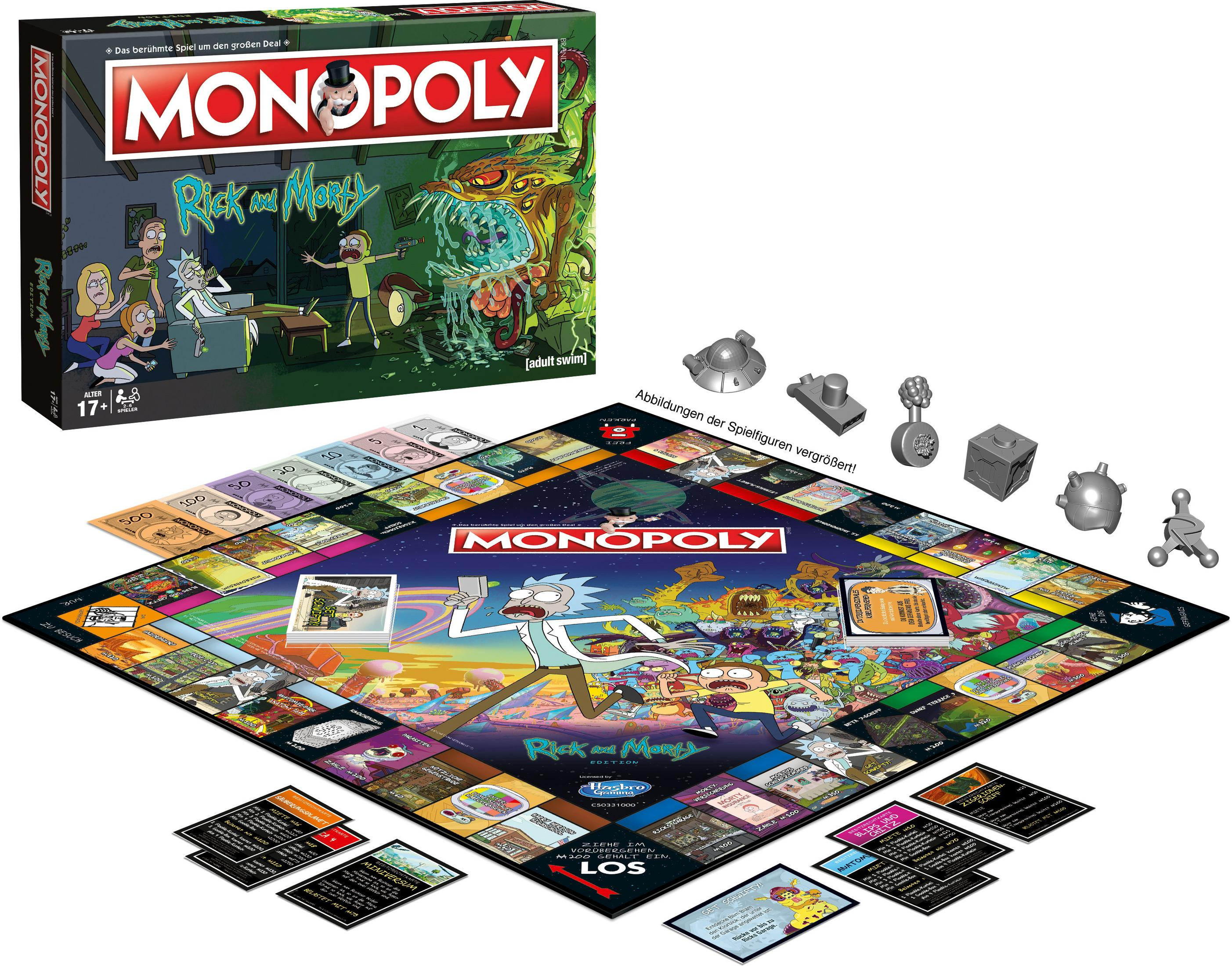 Monopoly Rick and Morty Spielbox. Spielbrett mit Zeichentrickfiguren. Spielsteine und Karten sichtbar.
