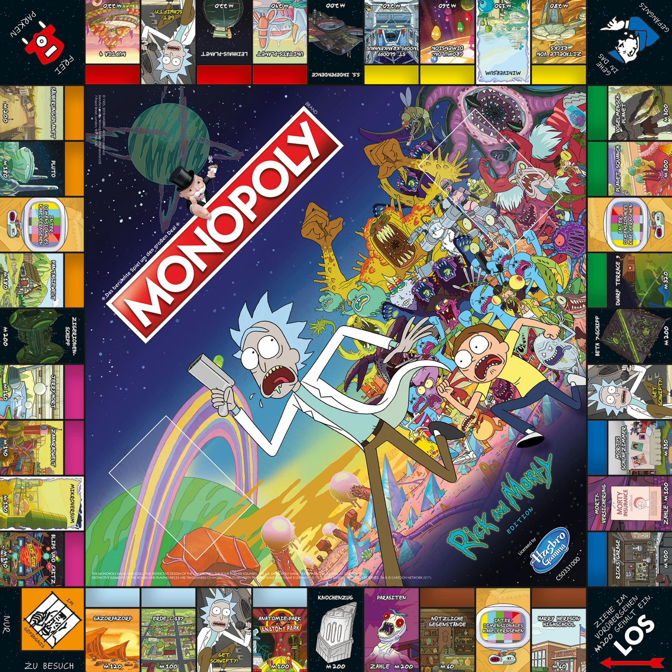 Monopoly-Brettspiel, Rick and Morty Edition, bunte Szene.
