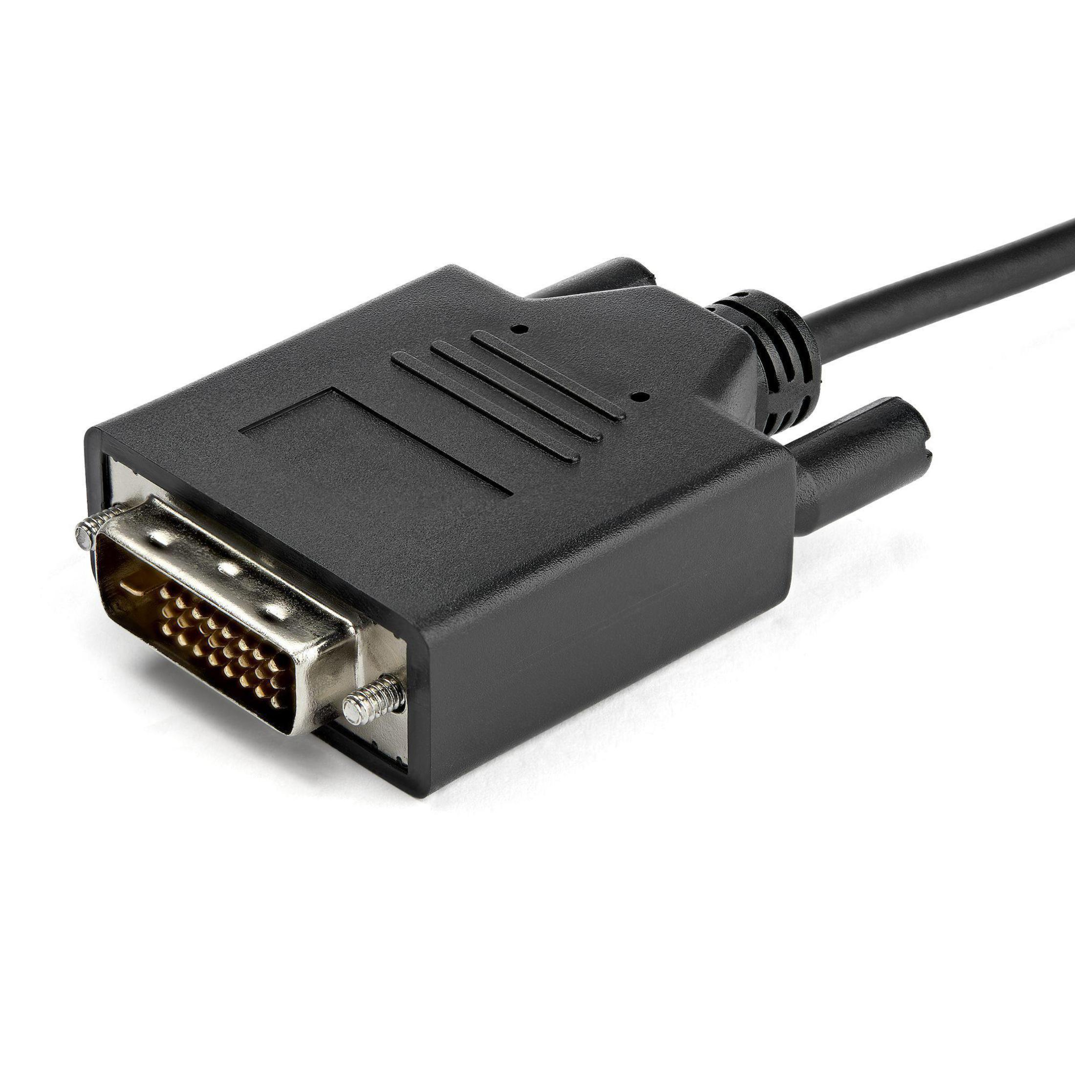 Conector de cable DVI negro con múltiples pines, toma cercana.