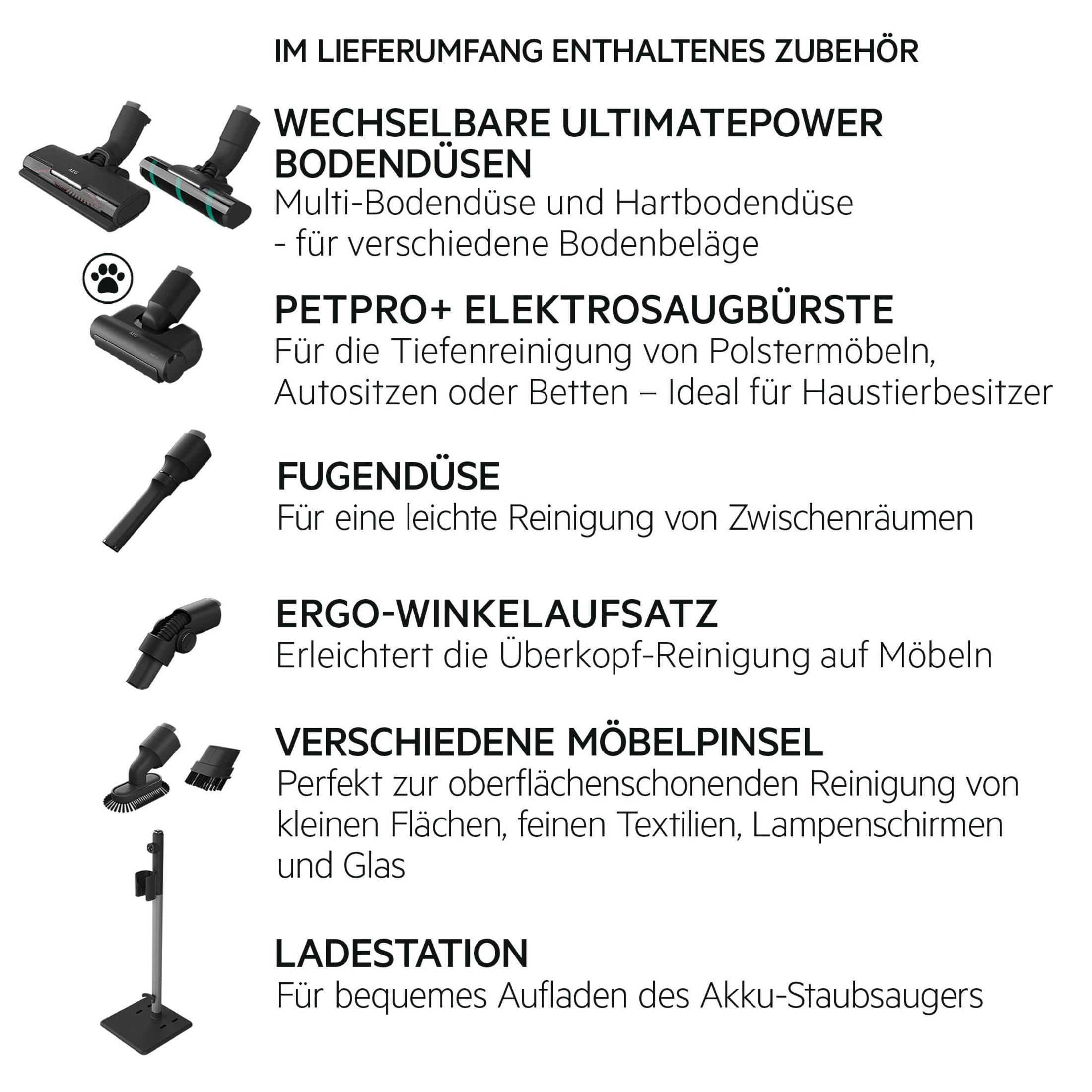 Zubehör für Staubsauger: Bürsten, Düsen und eine Ladestation sind auf weißem Hintergrund angeordnet.